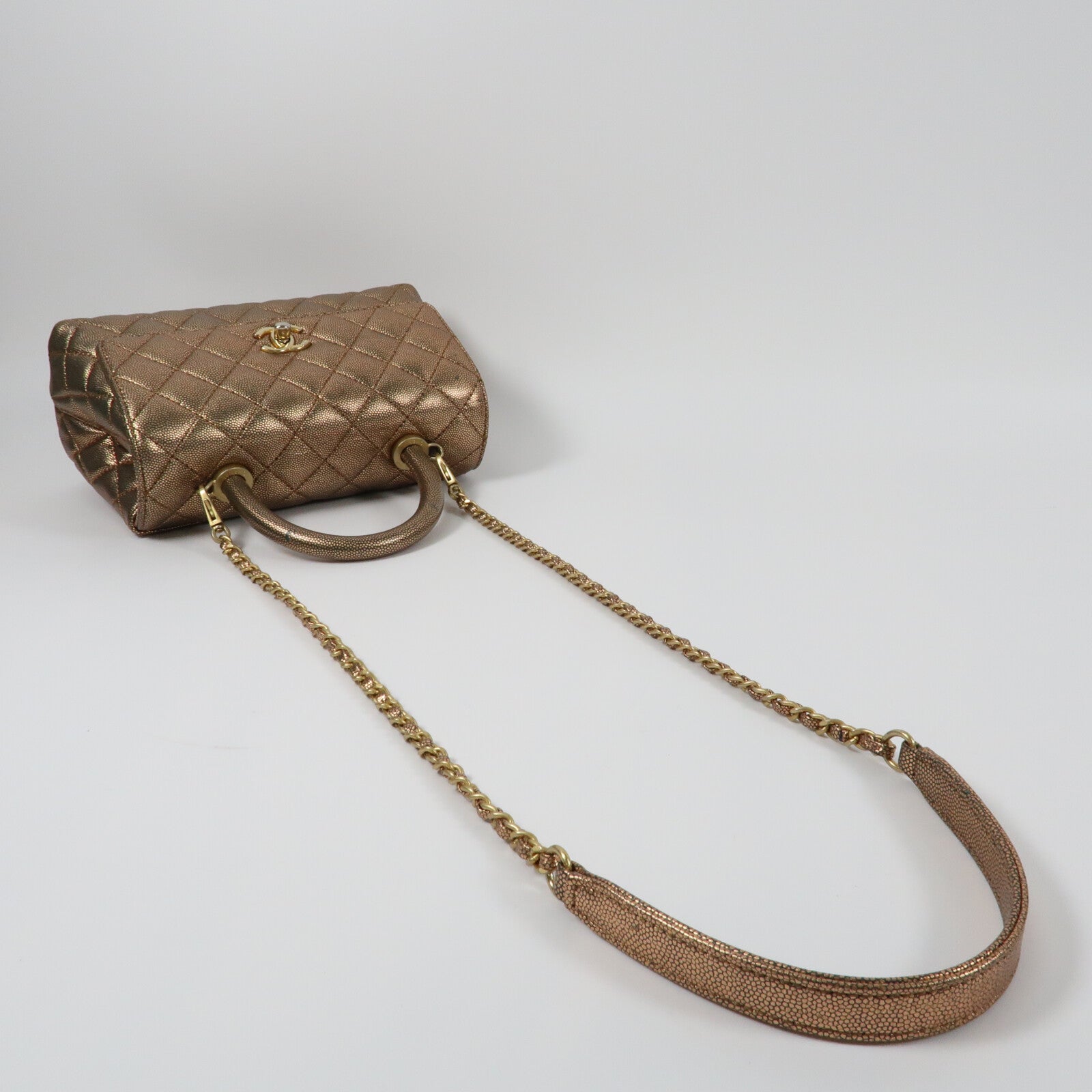 CHANEL 牛皮皮革Coco Handle Small金扣鏈帶手挽肩背兩用袋