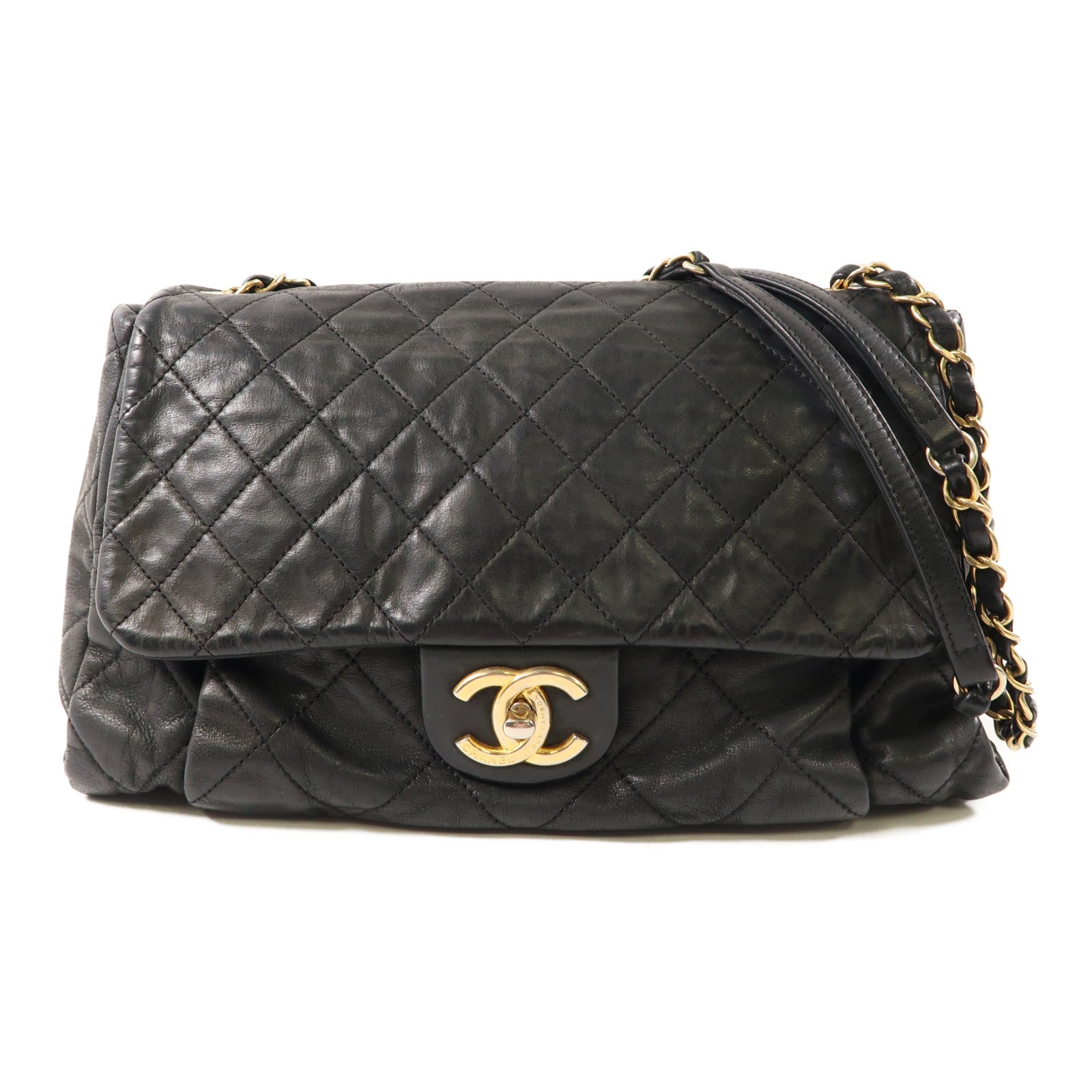 CHANEL 皮革Chain Shoulder Bag金扣鏈帶肩背袋黑色
