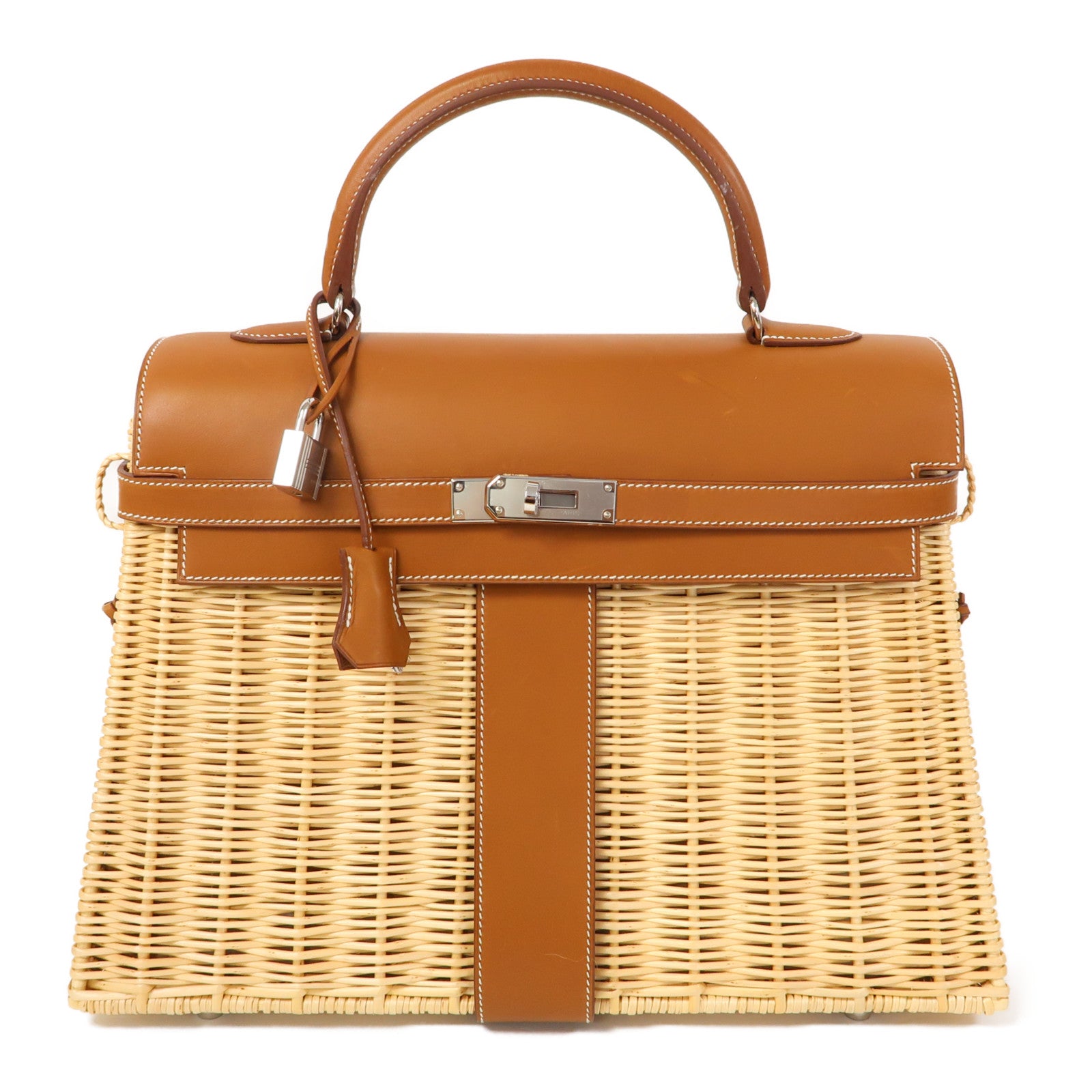 HERMES 【激減優惠】Barenia皮革/柳條Kelly Picnic 35銀扣手挽袋啡色/米色