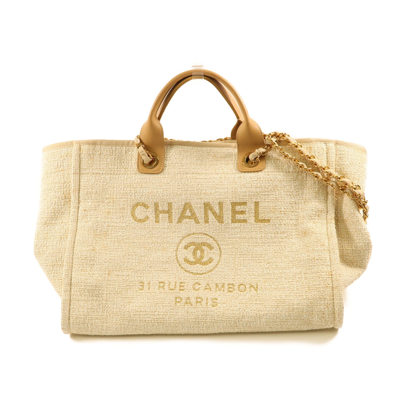 CHANEL 帆布Deauville Tote金扣手挽肩背兩用袋米色