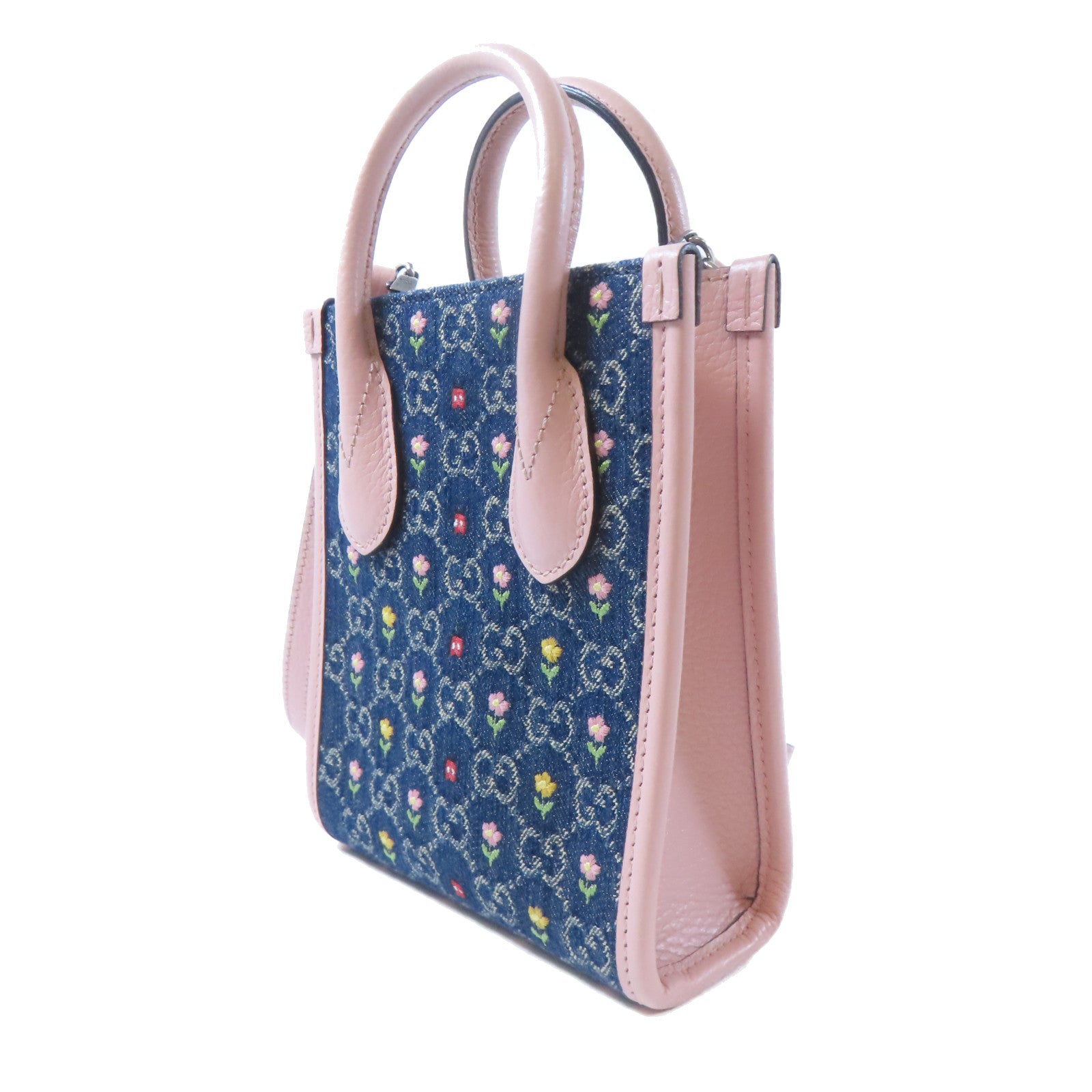 GUCCI 【激減優惠】牛仔布/皮革Ophidia Tote銀扣肩背袋藍色/粉紅色