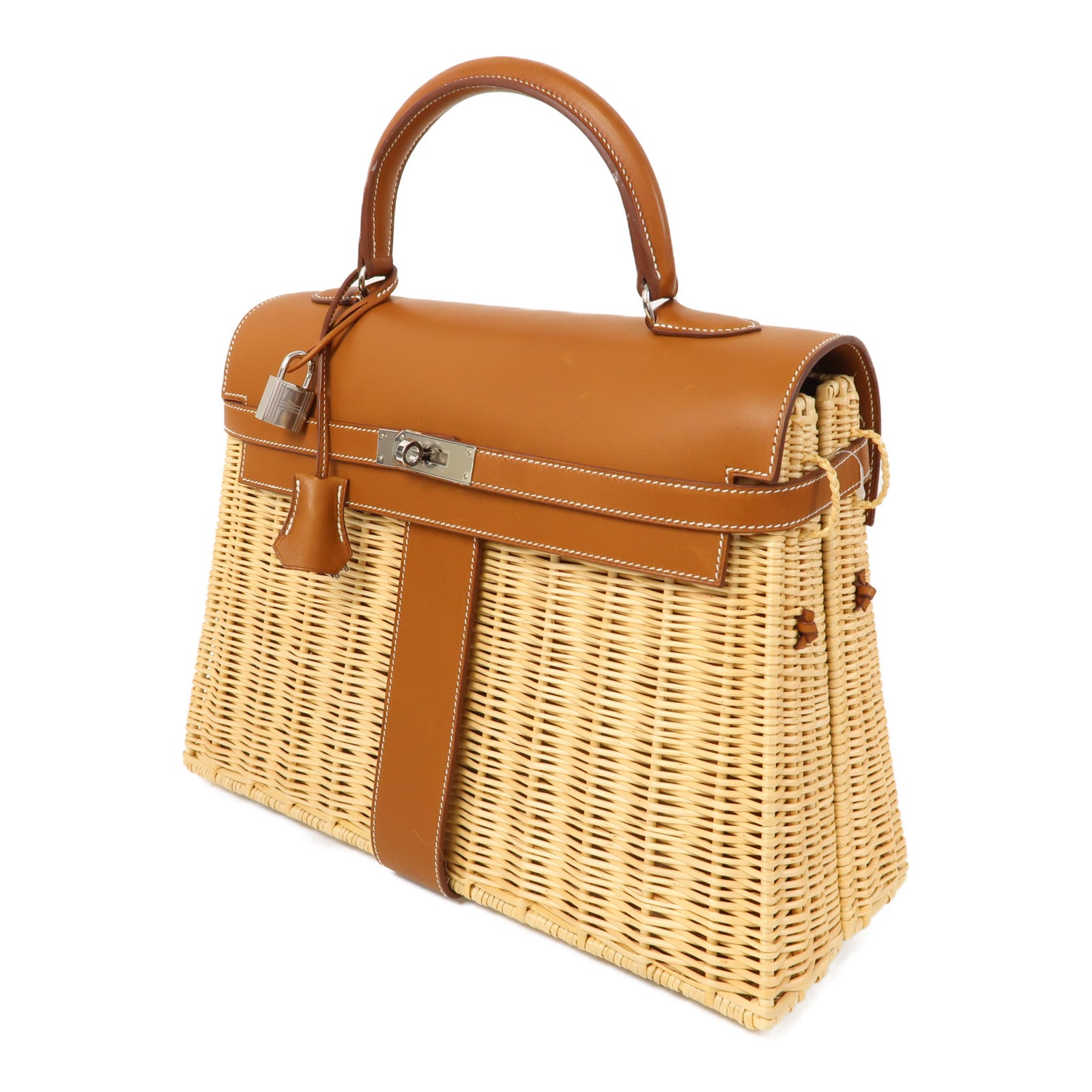 HERMES 【激減優惠】Barenia皮革/柳條Kelly Picnic 35銀扣手挽袋啡色/米色