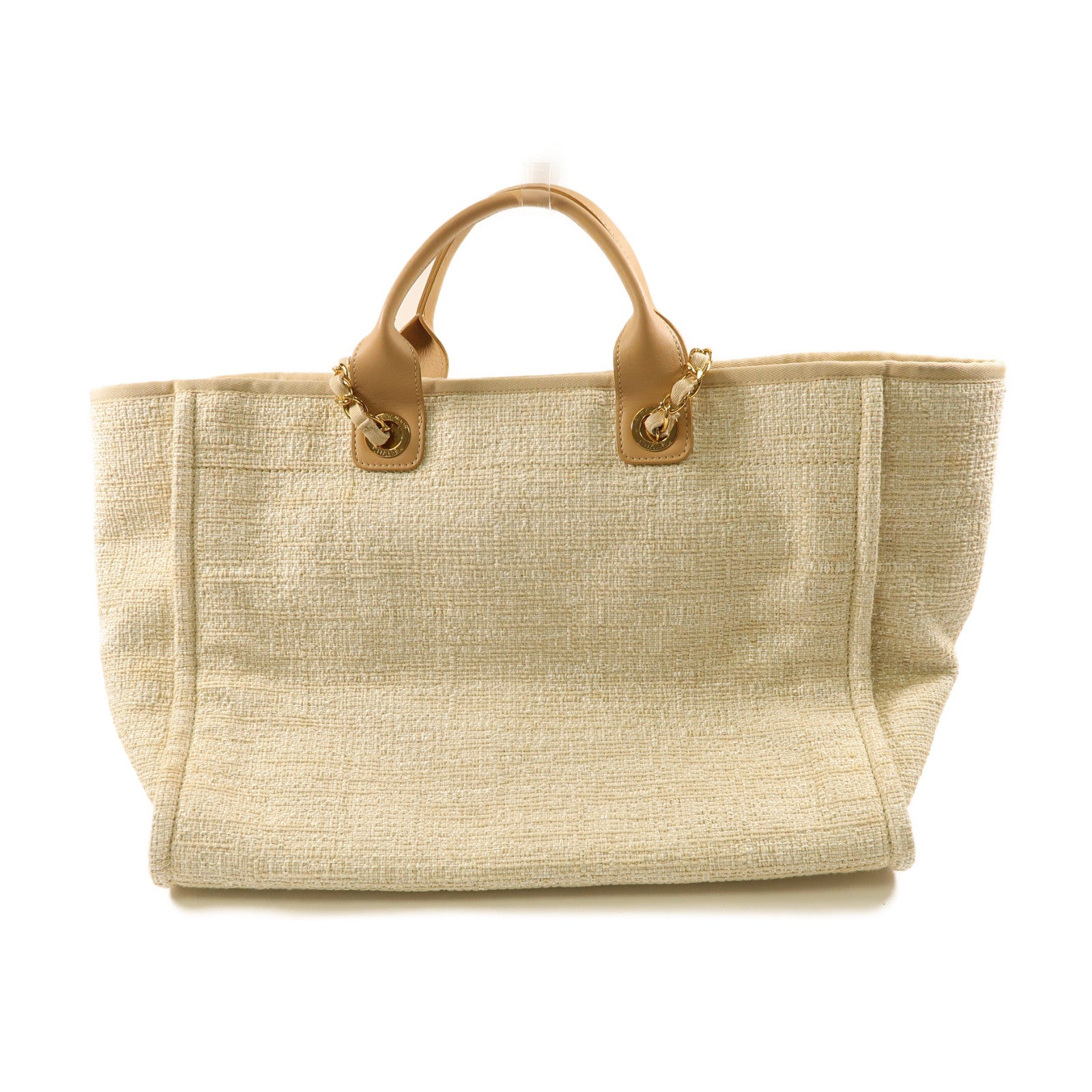 CHANEL 帆布Deauville Tote金扣手挽肩背兩用袋米色