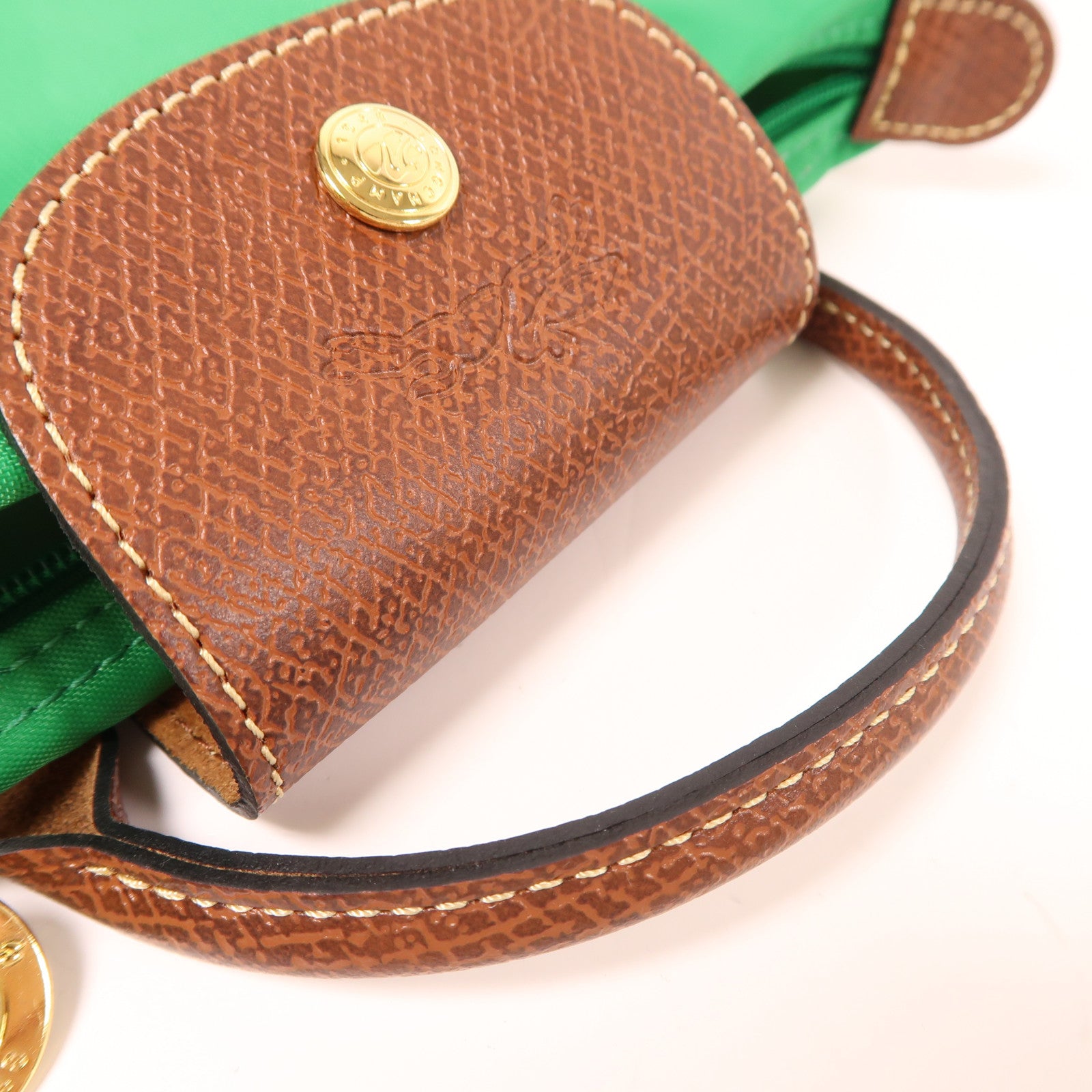 Longchamp 尼龍Le Pliage Mini金扣手挽袋綠色/棕色