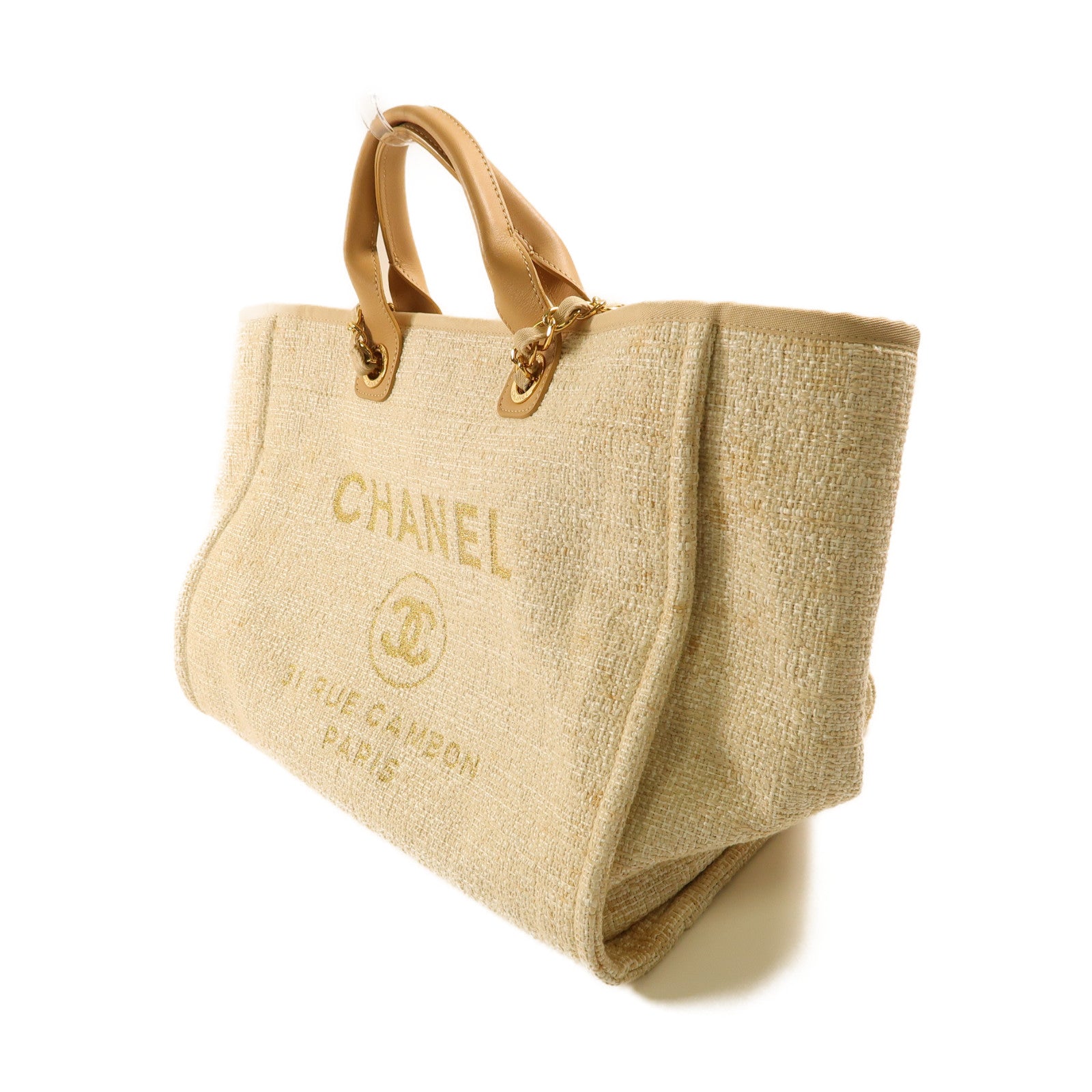 CHANEL 帆布Deauville Tote金扣手挽肩背兩用袋米色