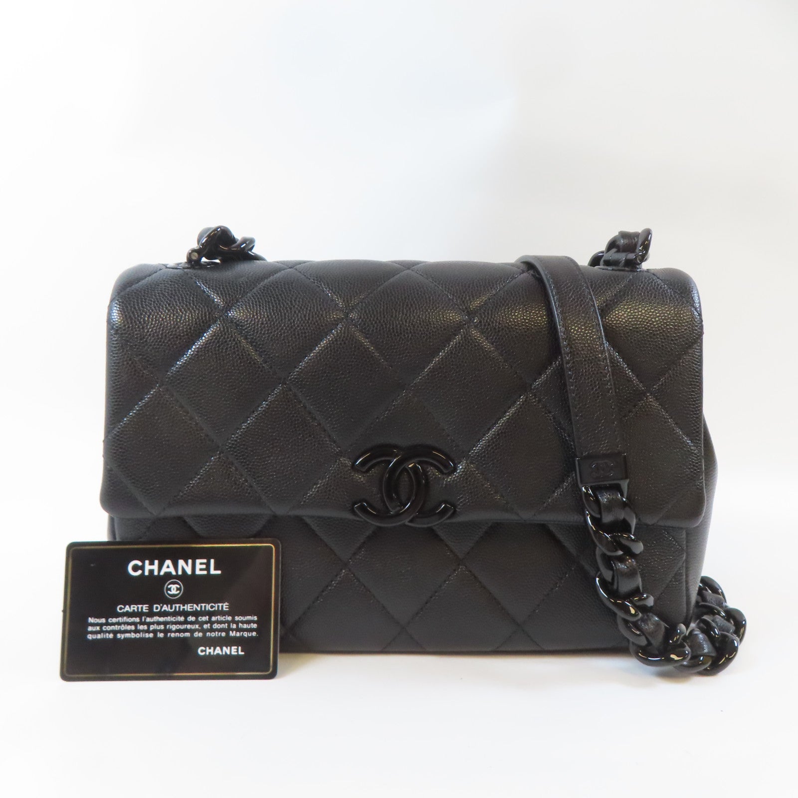 CHANEL 菱格Caviar皮革Chain Shoulder Bag銀扣鏈帶肩背袋黑色