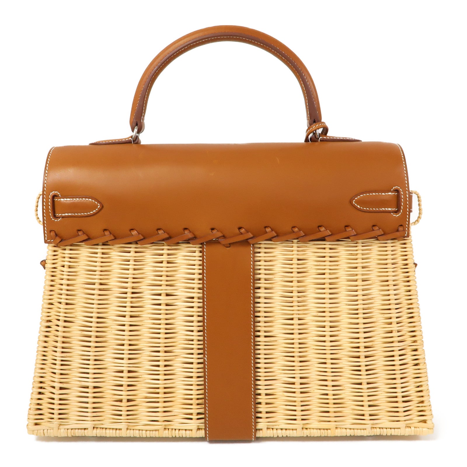 HERMES 【激減優惠】Barenia皮革/柳條Kelly Picnic 35銀扣手挽袋啡色/米色
