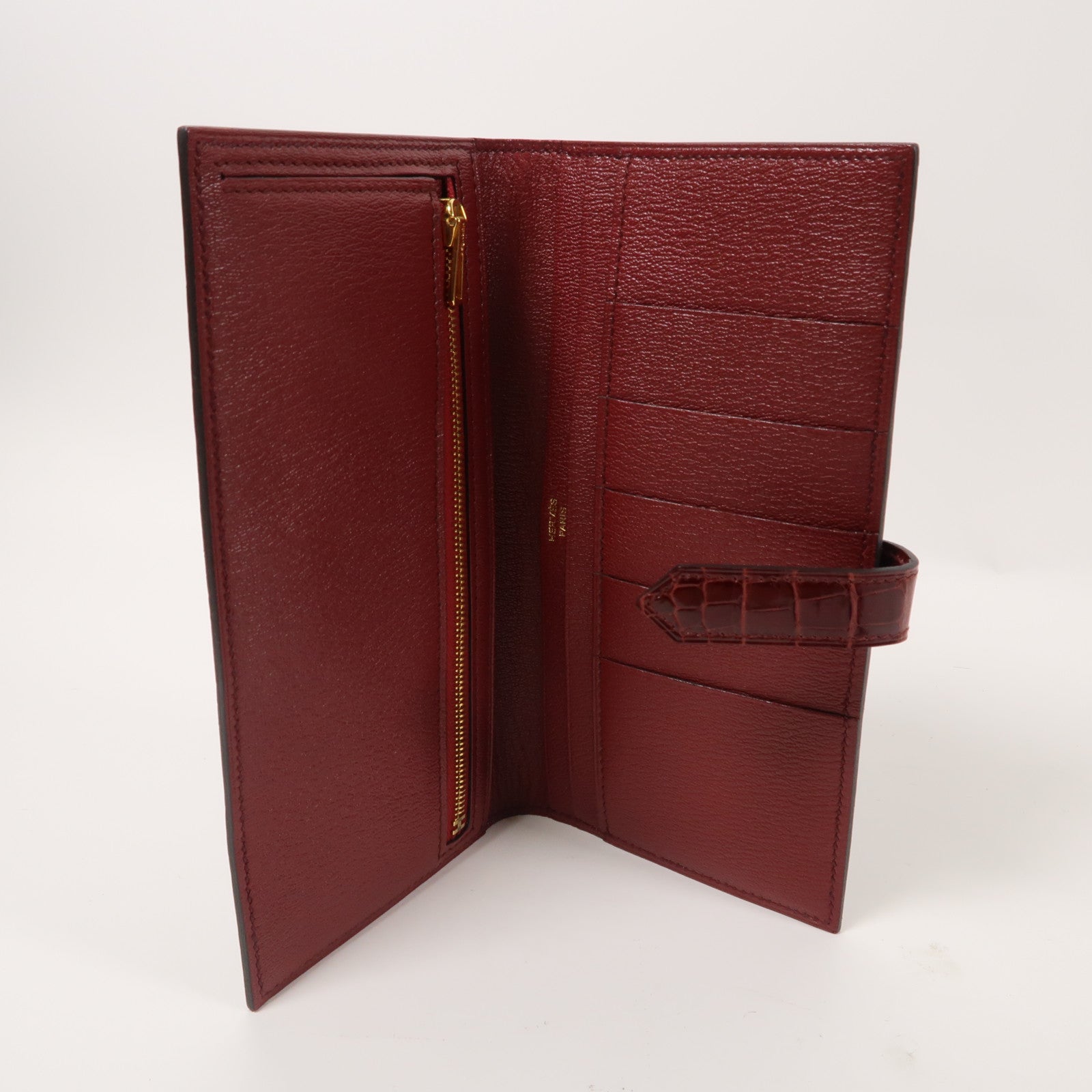 HERMES 【激減優惠】鱷魚皮革Bearn Wallet金扣長錢包紅色