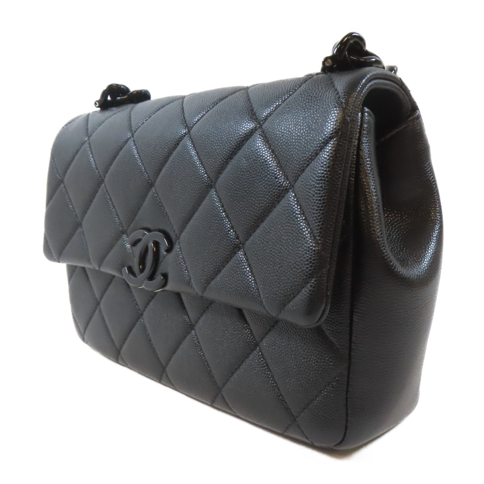 CHANEL 菱格Caviar皮革Chain Shoulder Bag銀扣鏈帶肩背袋黑色
