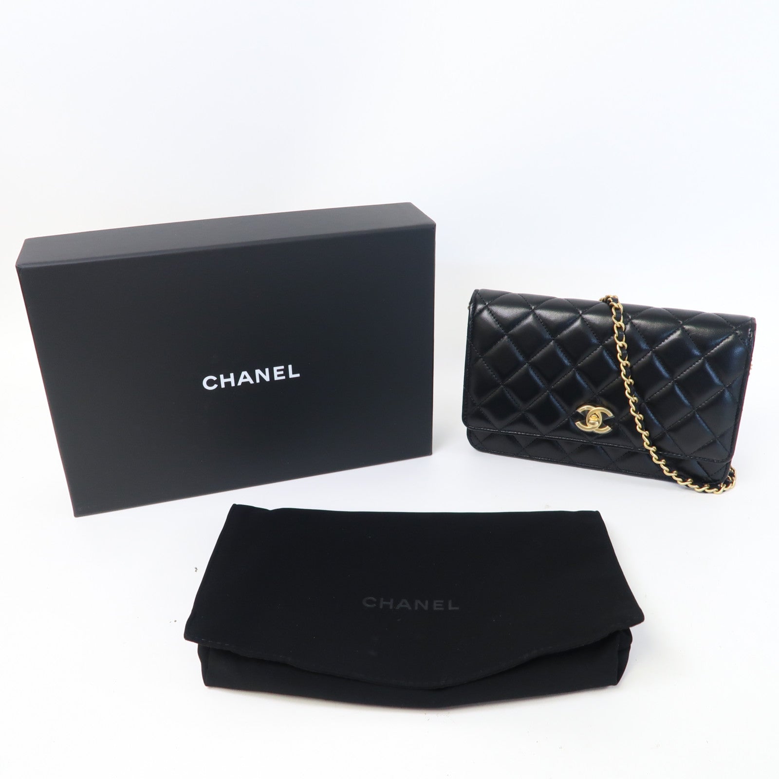 CHANEL 菱格羊皮皮革Wallet On Chain金扣鏈帶肩背袋黑色