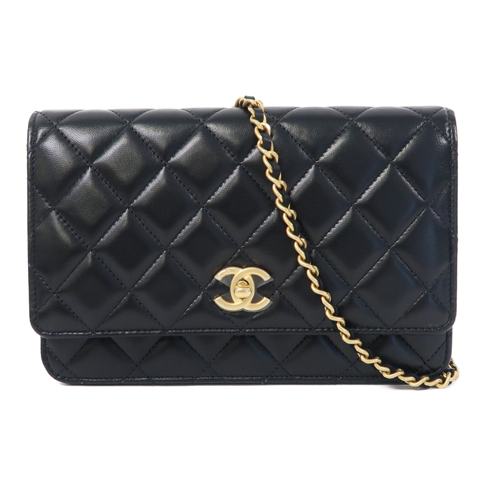 CHANEL 菱格羊皮皮革Wallet On Chain金扣鏈帶肩背袋黑色