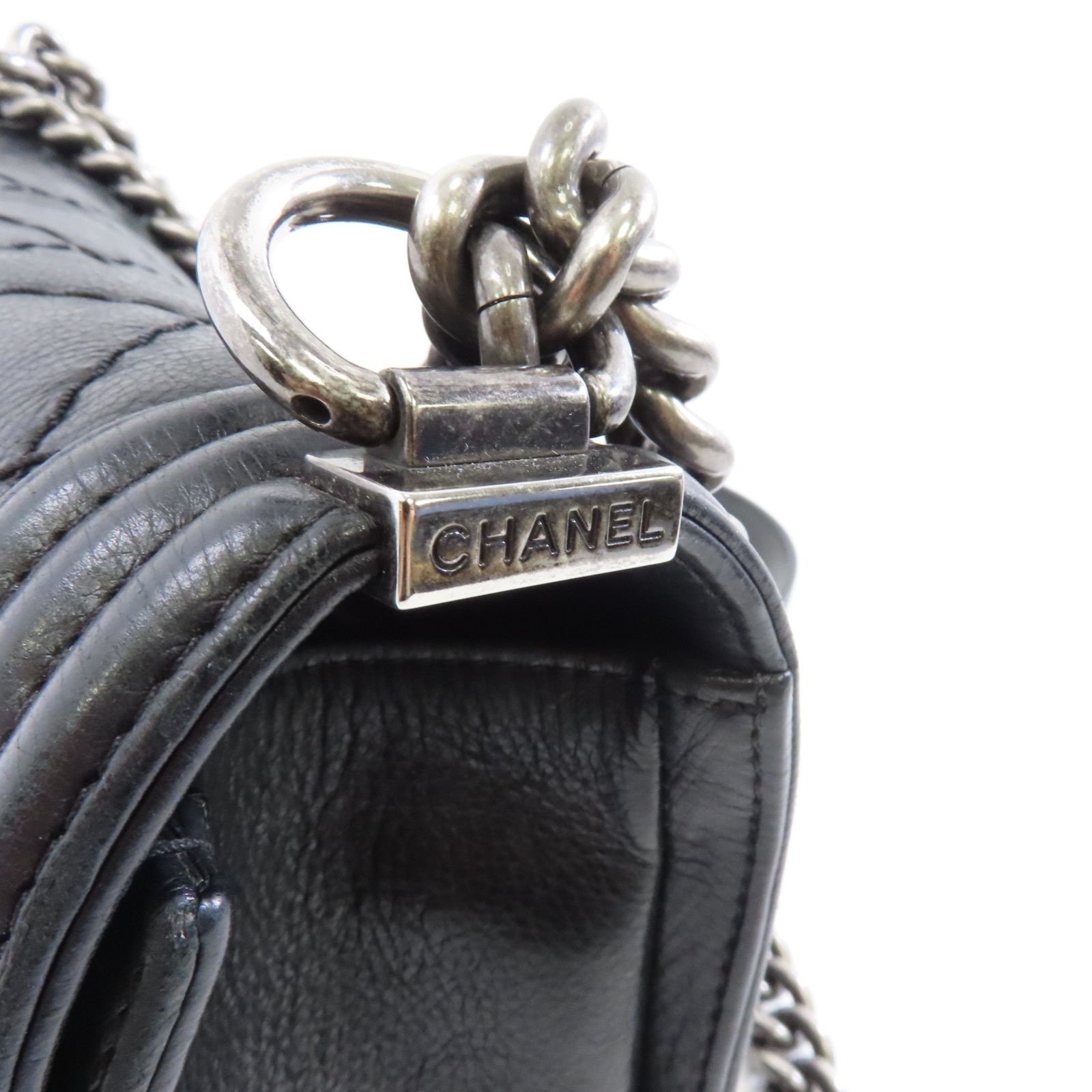 CHANEL 菱格羊皮皮革Boy 25銀扣鏈帶肩背袋黑色