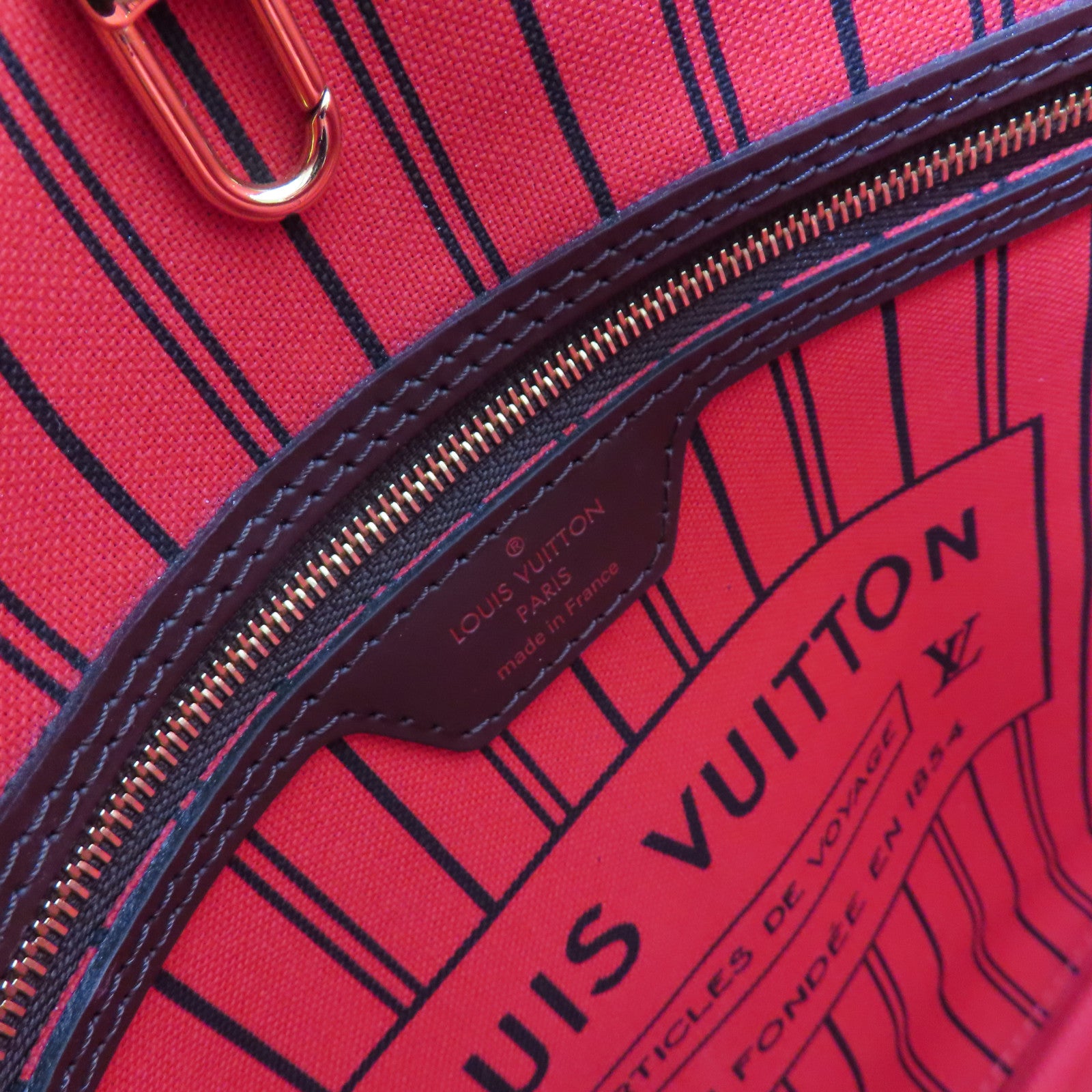 LOUIS VUITTON Damier Ebene Neverfull MM Tote Bag金扣肩背袋啡色/紅色