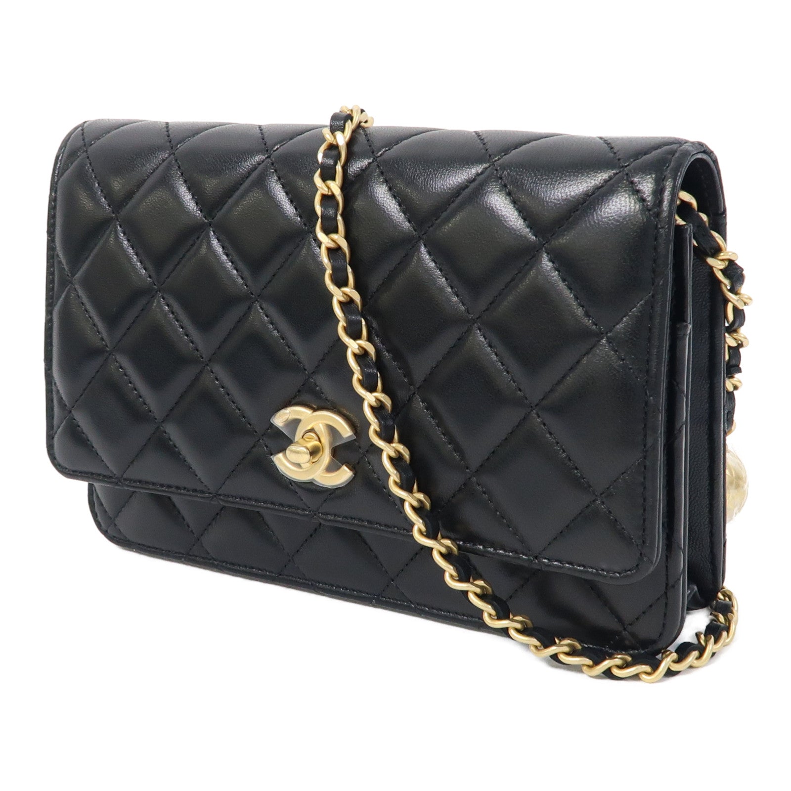 CHANEL 菱格羊皮皮革Wallet On Chain金扣鏈帶肩背袋黑色