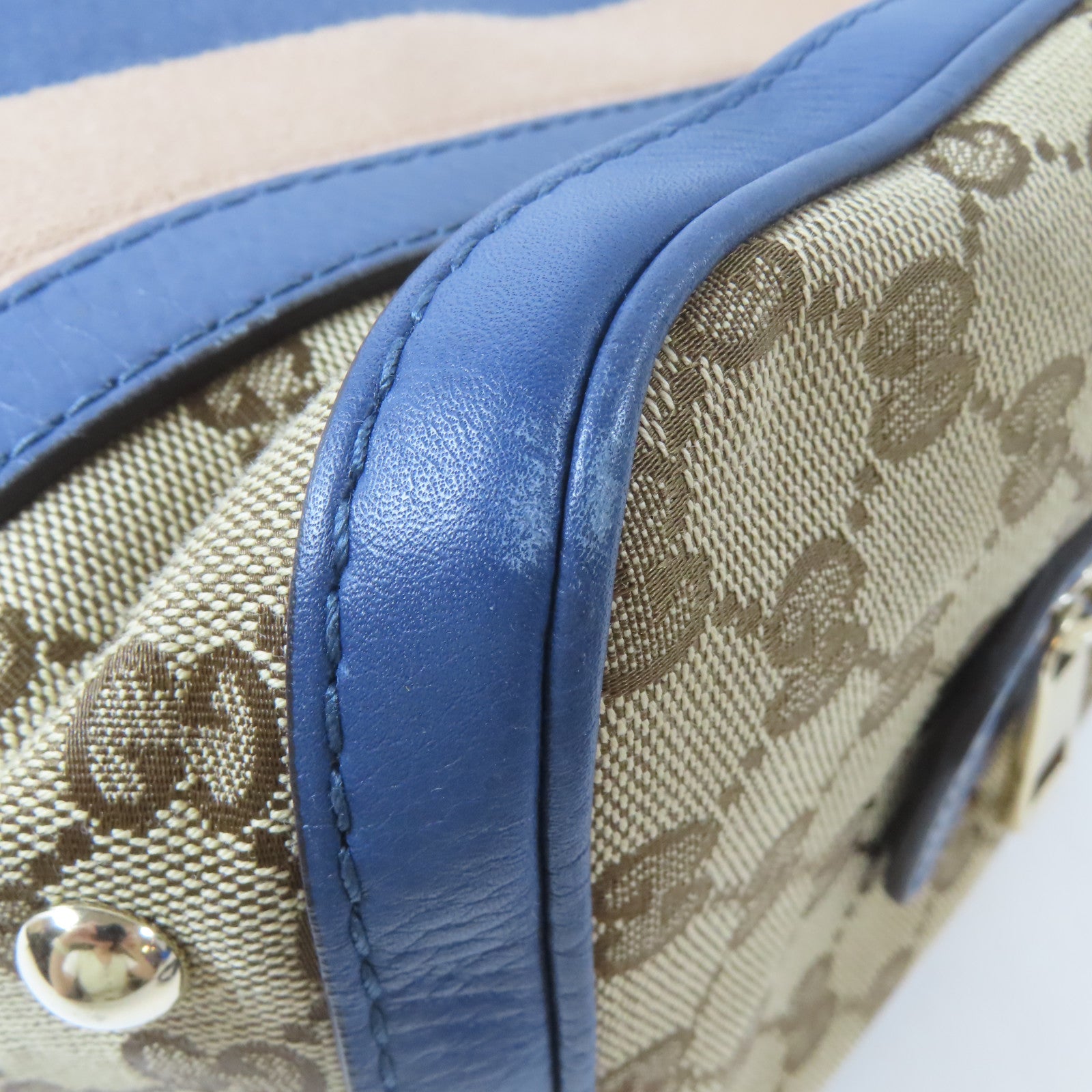 GUCCI 帆布Boston Handbag金扣手挽肩背兩用袋啡色/藍色