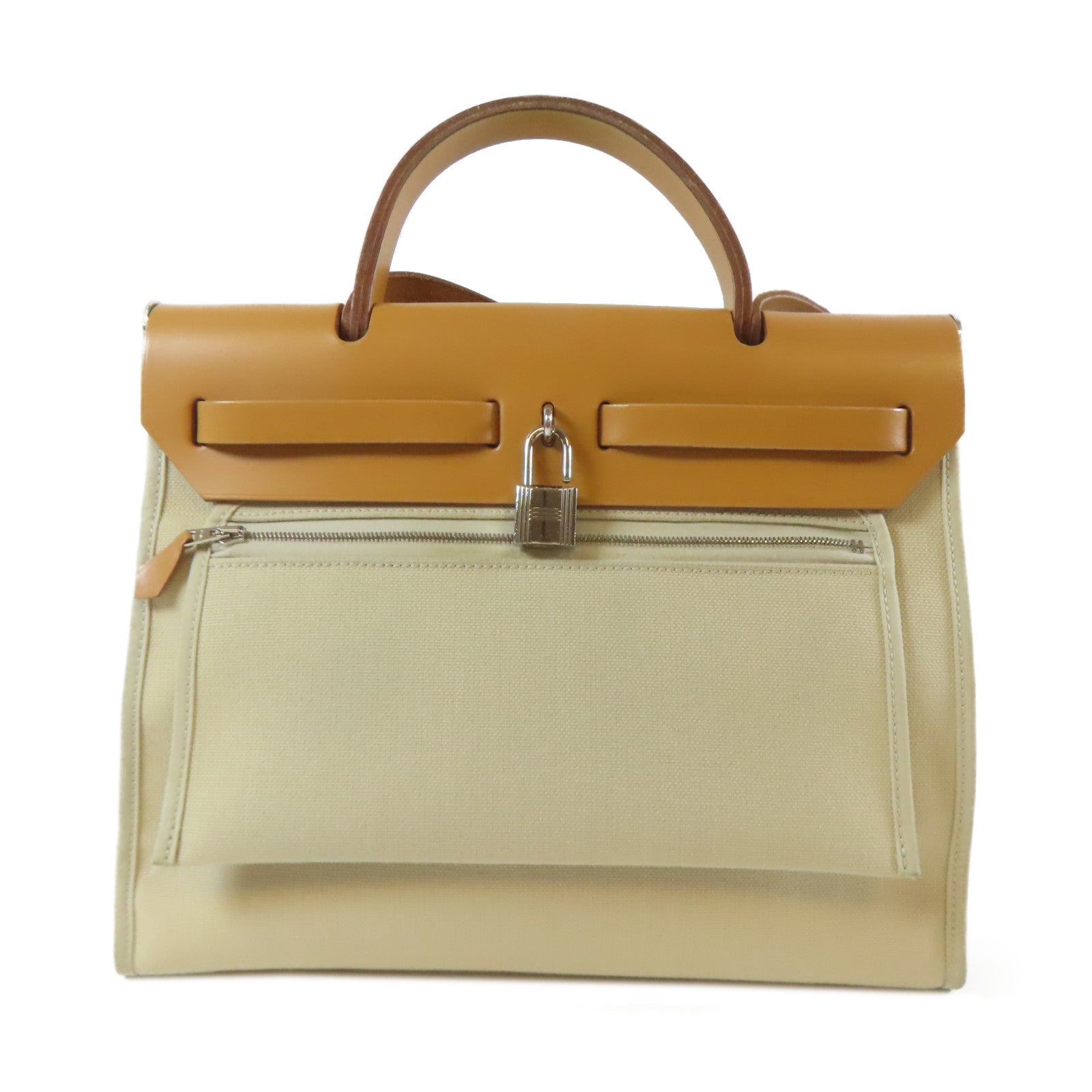 HERMES Toile H帆布Herbag PM銀扣手挽肩背兩用袋風衣卡其色