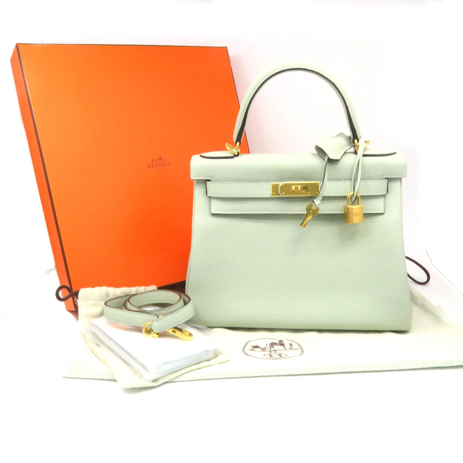HERMES Clemence皮革Kelly 28金扣手挽袋肩背两用袋水晶灰色
