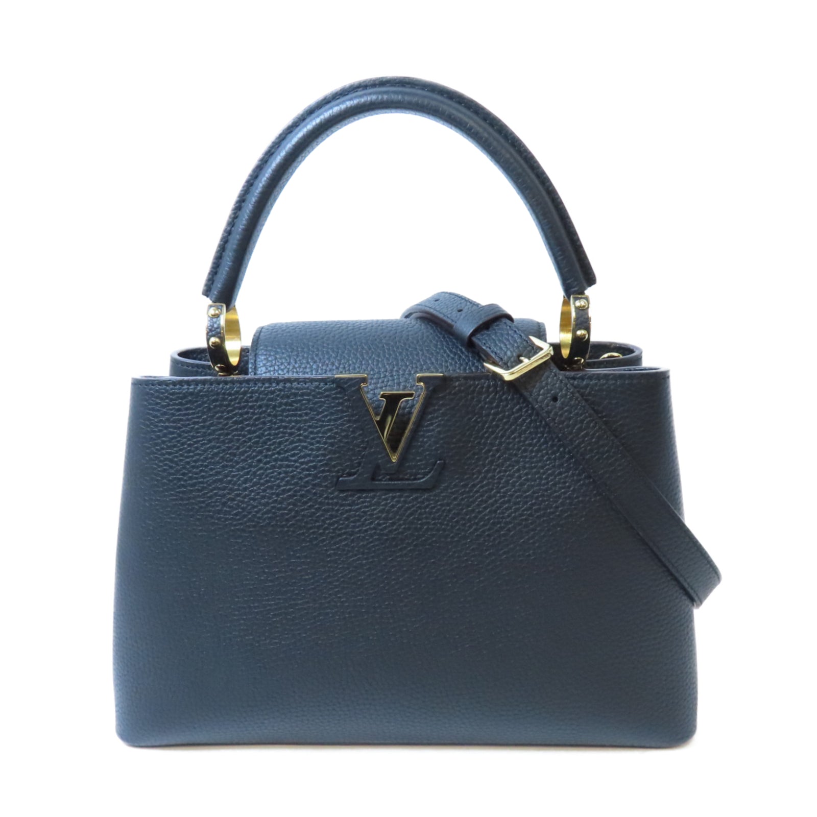 LOUIS VUITTON 牛皮皮革Capucines MM金扣手挽肩背兩用袋黑色