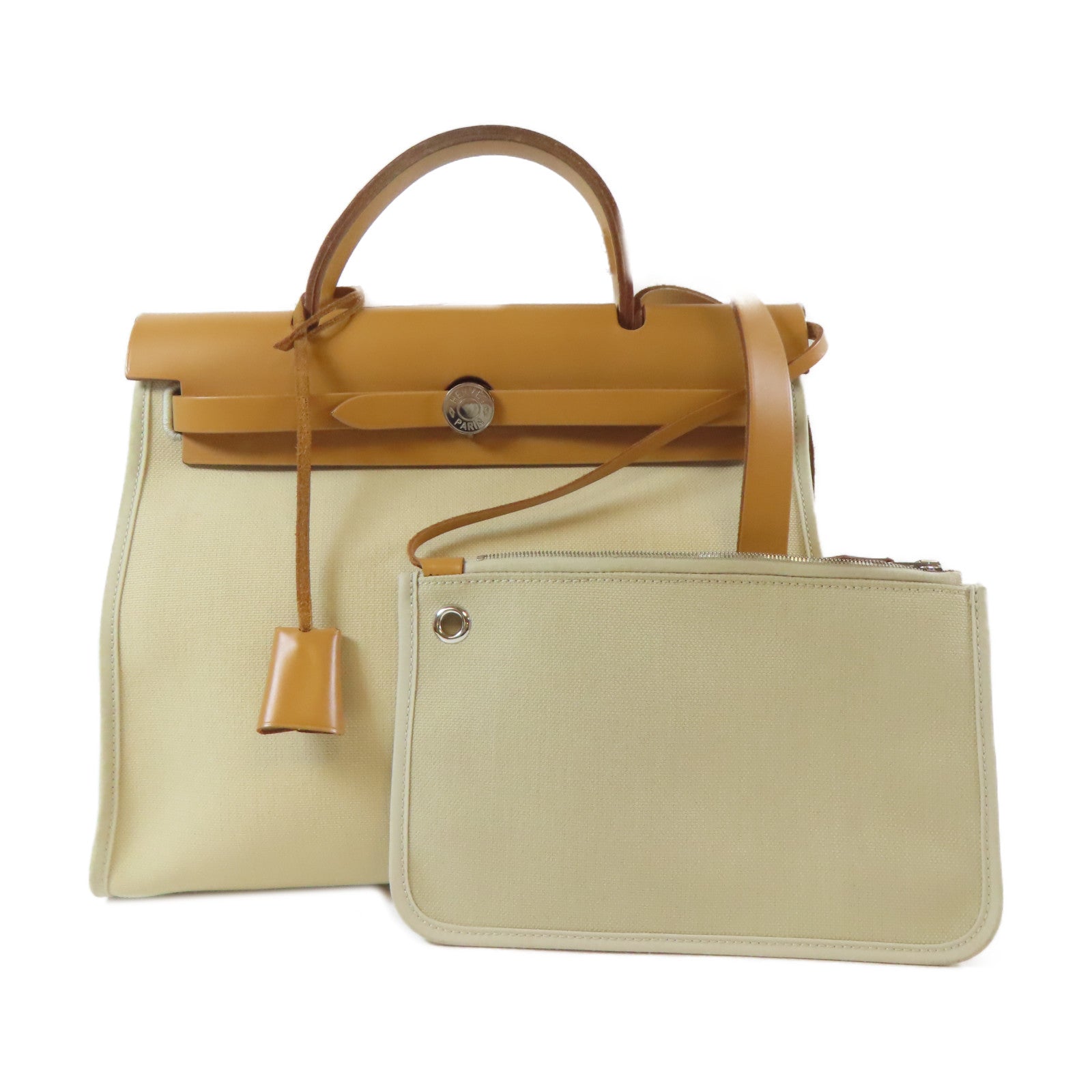 HERMES Toile H帆布Herbag PM銀扣手挽肩背兩用袋風衣卡其色