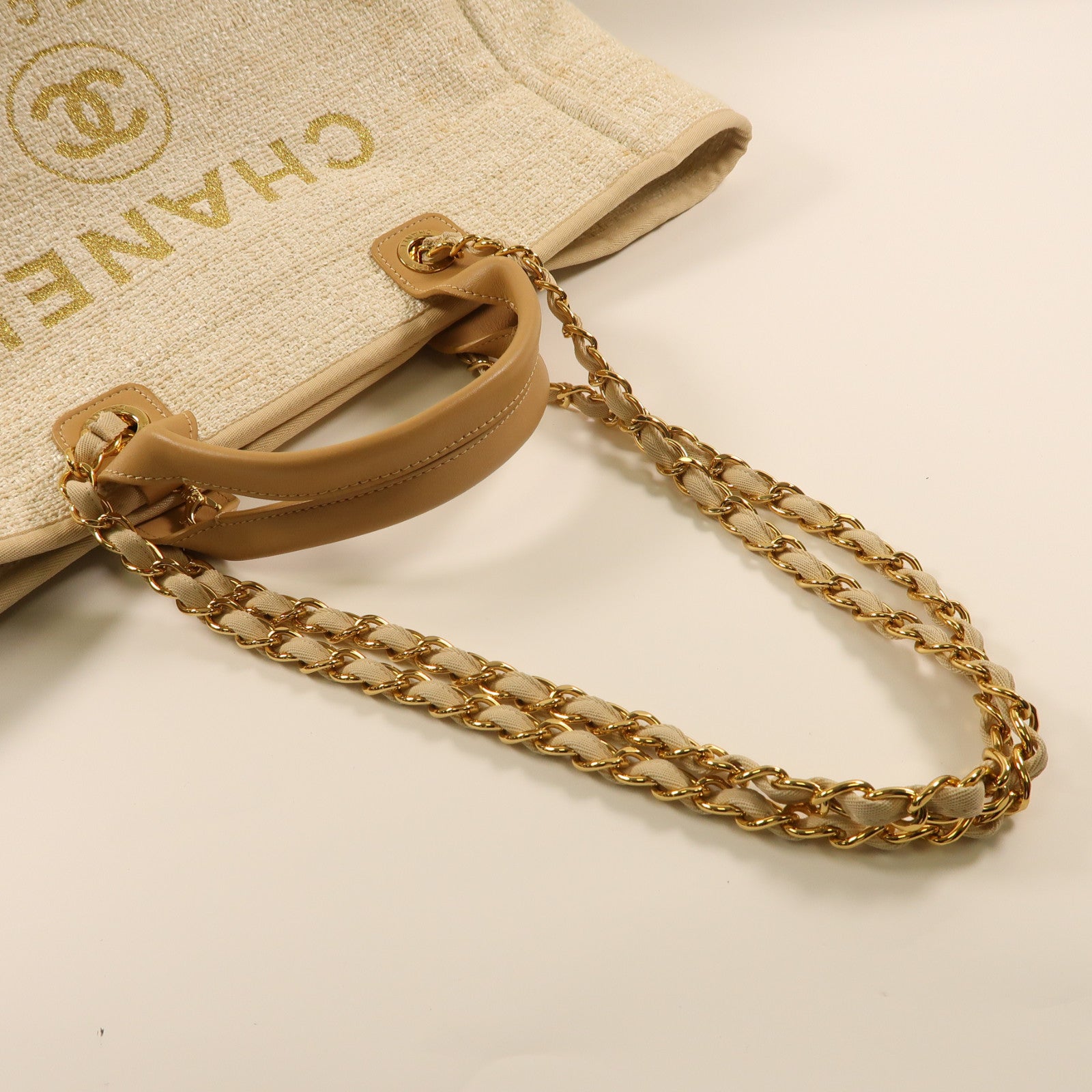 CHANEL 帆布Deauville Tote金扣手挽肩背兩用袋米色