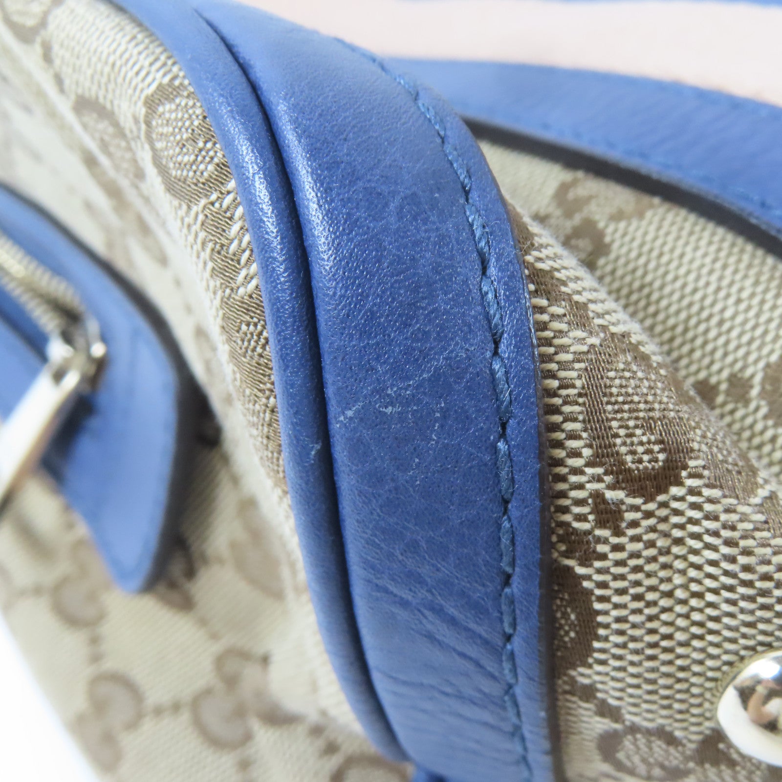 GUCCI 帆布Boston Handbag金扣手挽肩背兩用袋啡色/藍色