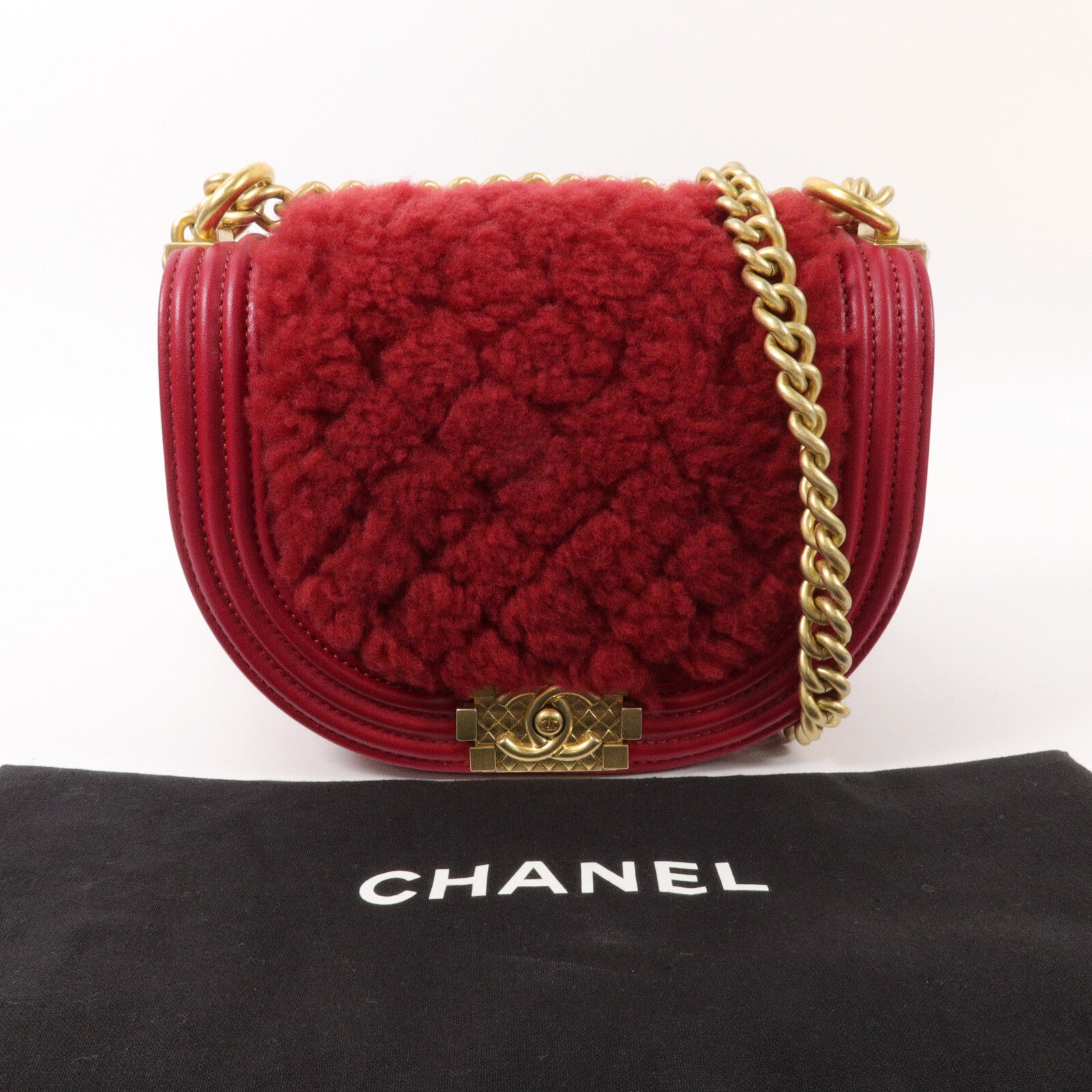 CHANEL 羊毛/牛皮皮革Boy Messenger Bag鏈帶肩背袋