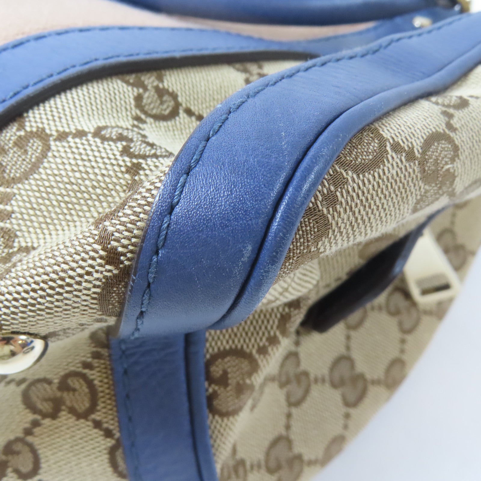 GUCCI 帆布Boston Handbag金扣手挽肩背兩用袋啡色/藍色