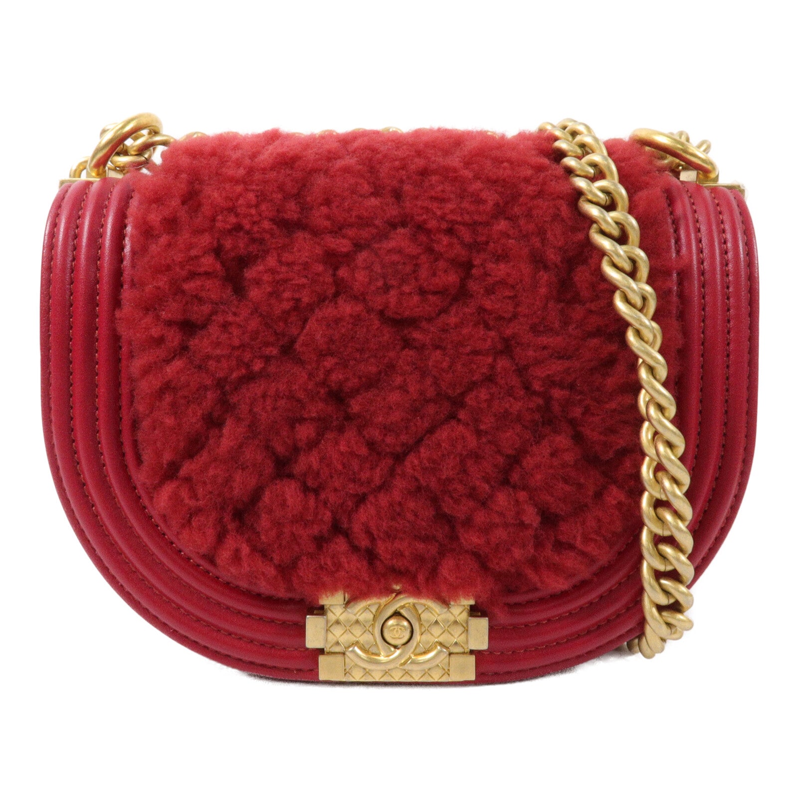 CHANEL 羊毛/牛皮皮革Boy Messenger Bag鏈帶肩背袋