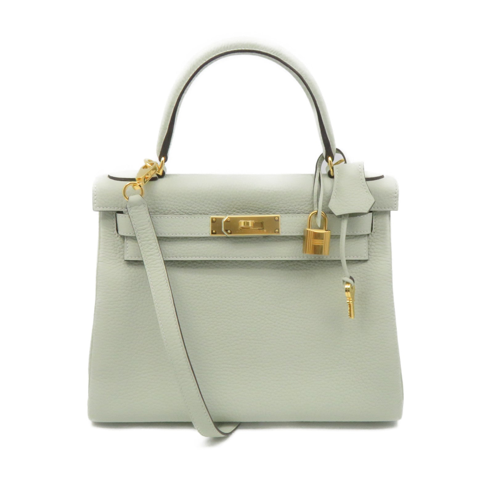 HERMES Clemence皮革Kelly 28金扣手挽袋肩背两用袋水晶灰色