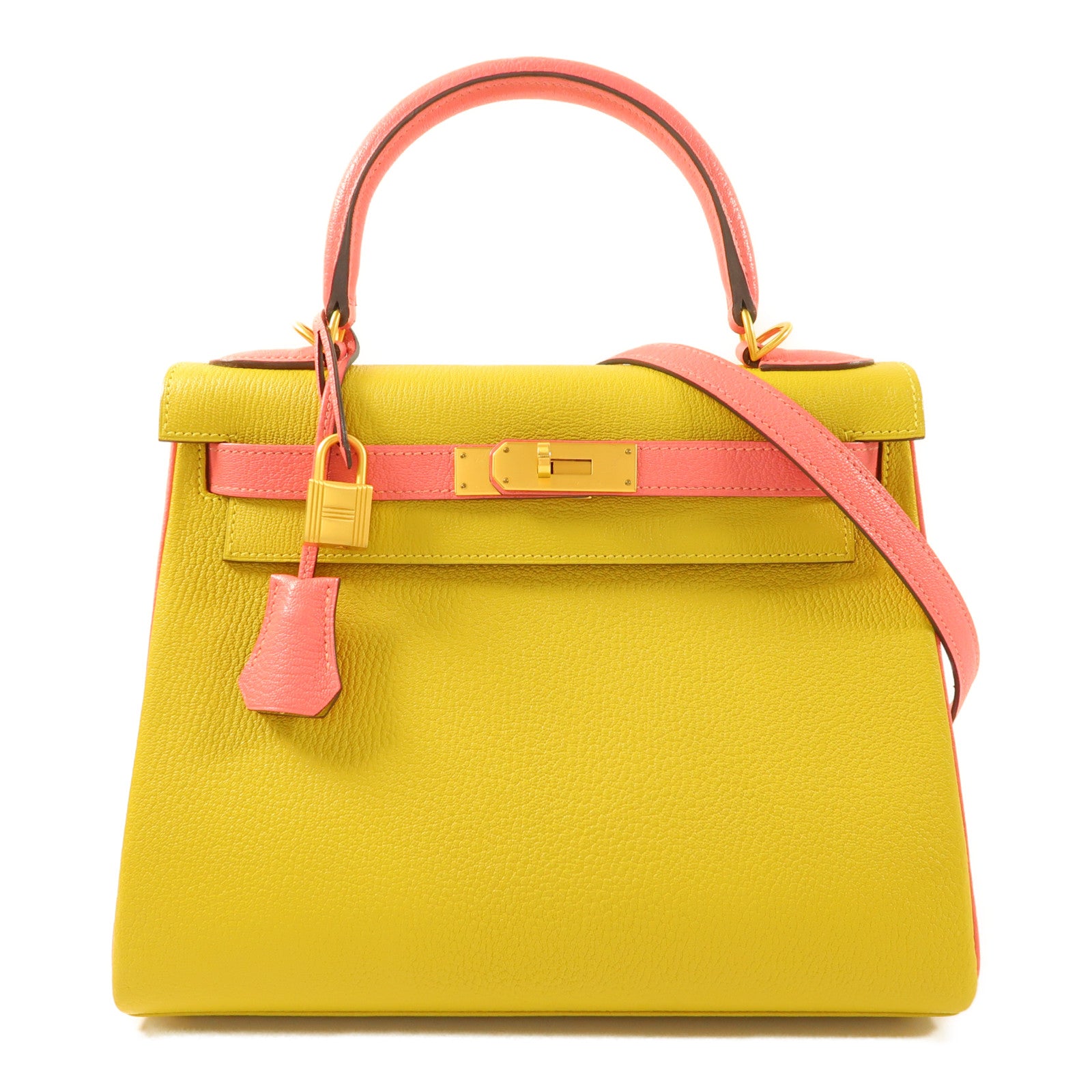 HERMES 【激減優惠】Chevre皮革Kelly 28金扣手挽肩背兩用袋Rose Azalee/Jaune Ambre