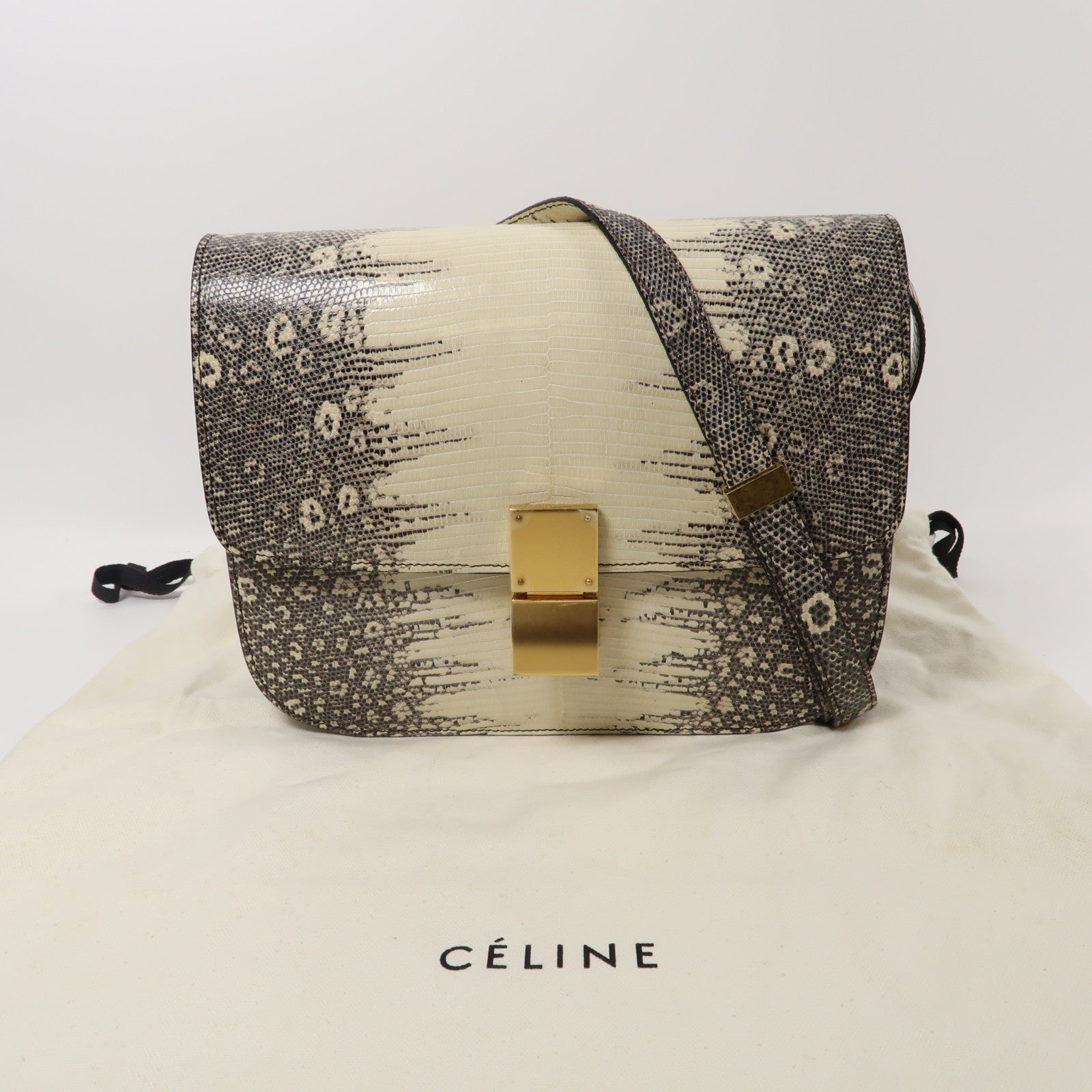 CELINE 【激減優惠】蜥蝪皮革Classic Box金扣肩背袋白色