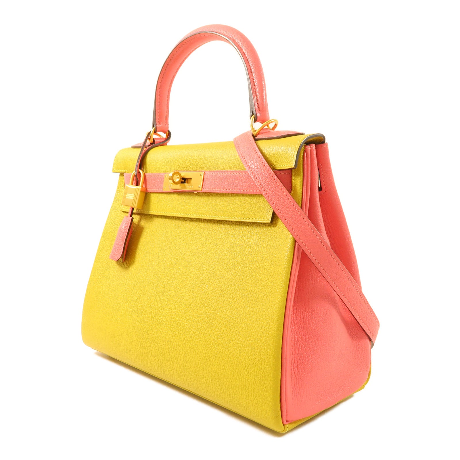 HERMES 【激減優惠】Chevre皮革Kelly 28金扣手挽肩背兩用袋Rose Azalee/Jaune Ambre