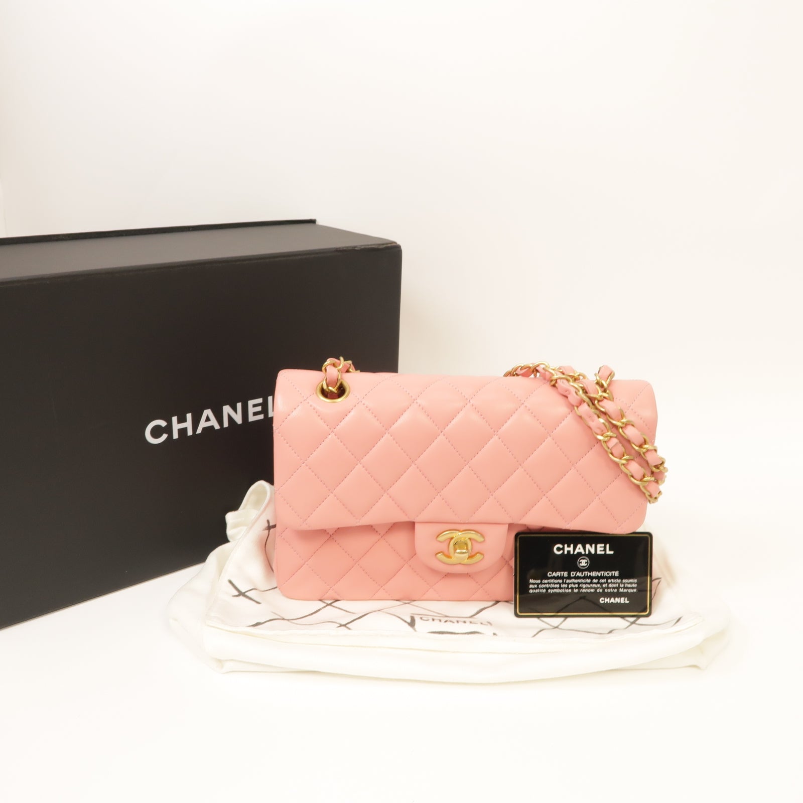 CHANEL 【激減優惠】菱格羊皮皮革Classic金扣鏈帶肩背袋粉紅色