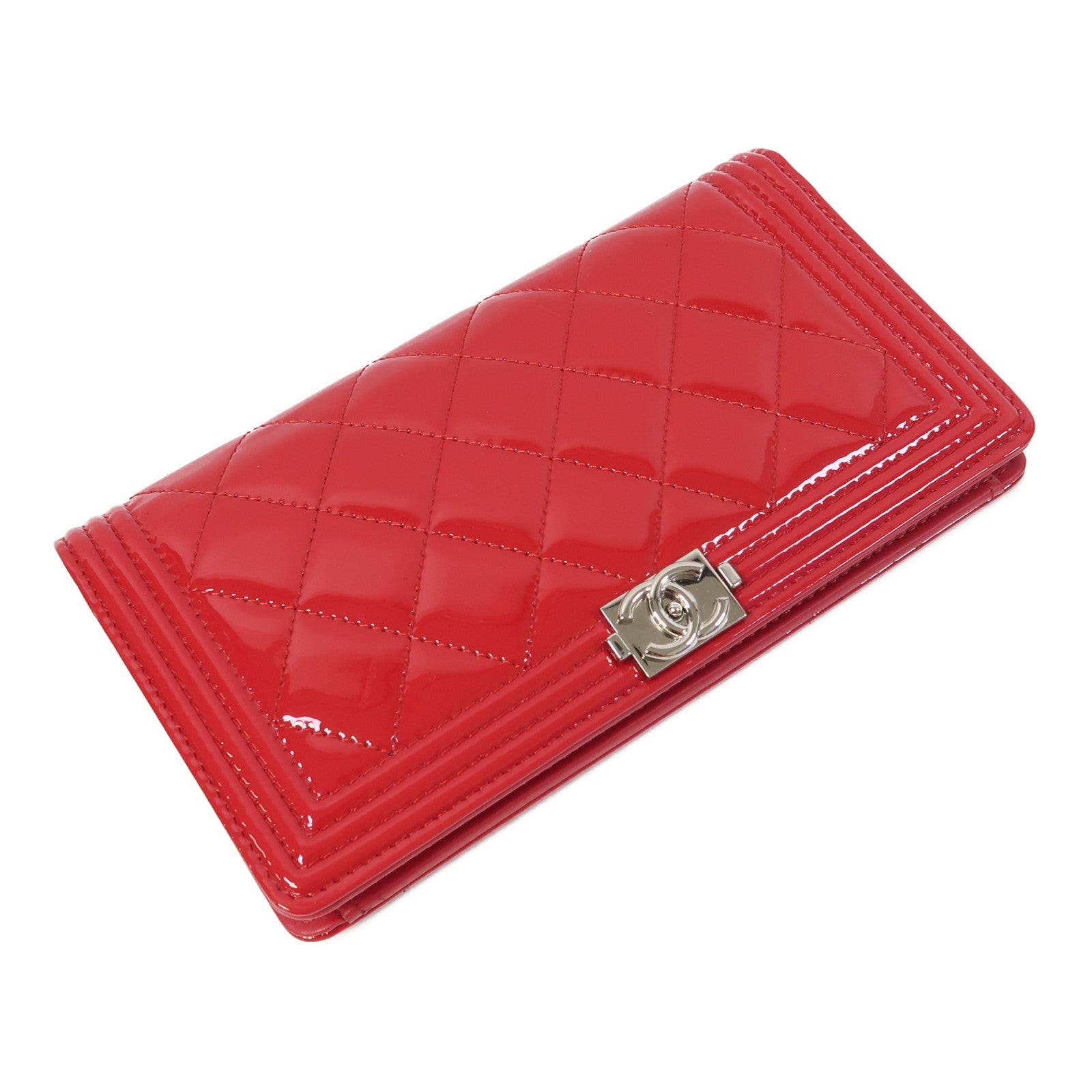 CHANEL 菱格漆皮Boy Chanel銀扣長錢包紅色