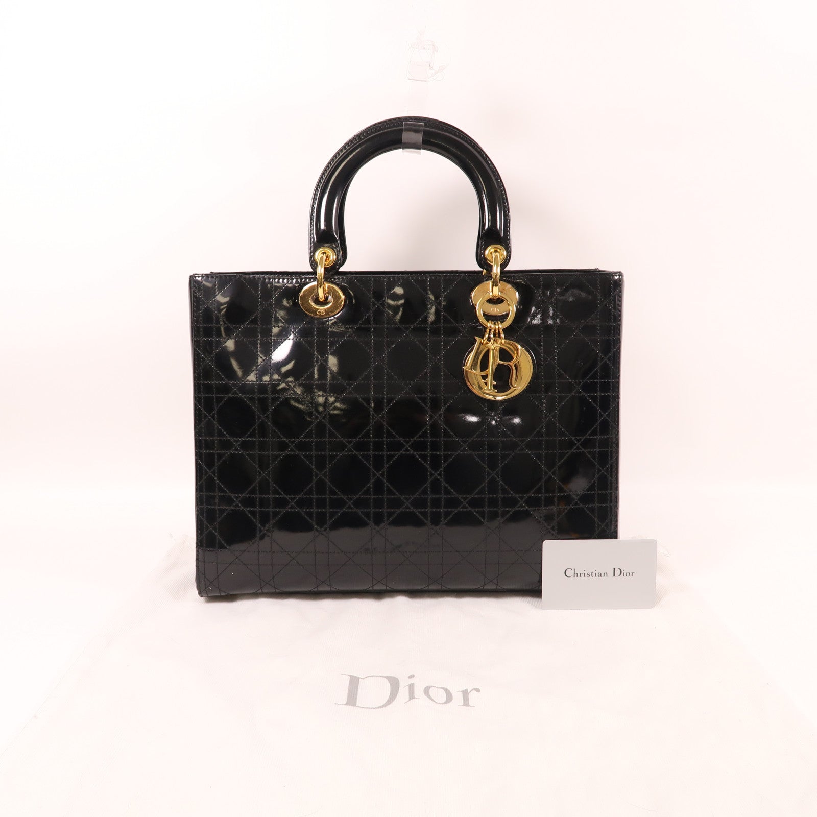 Dior Pantent皮革Lady Dior金扣手挽袋黑色