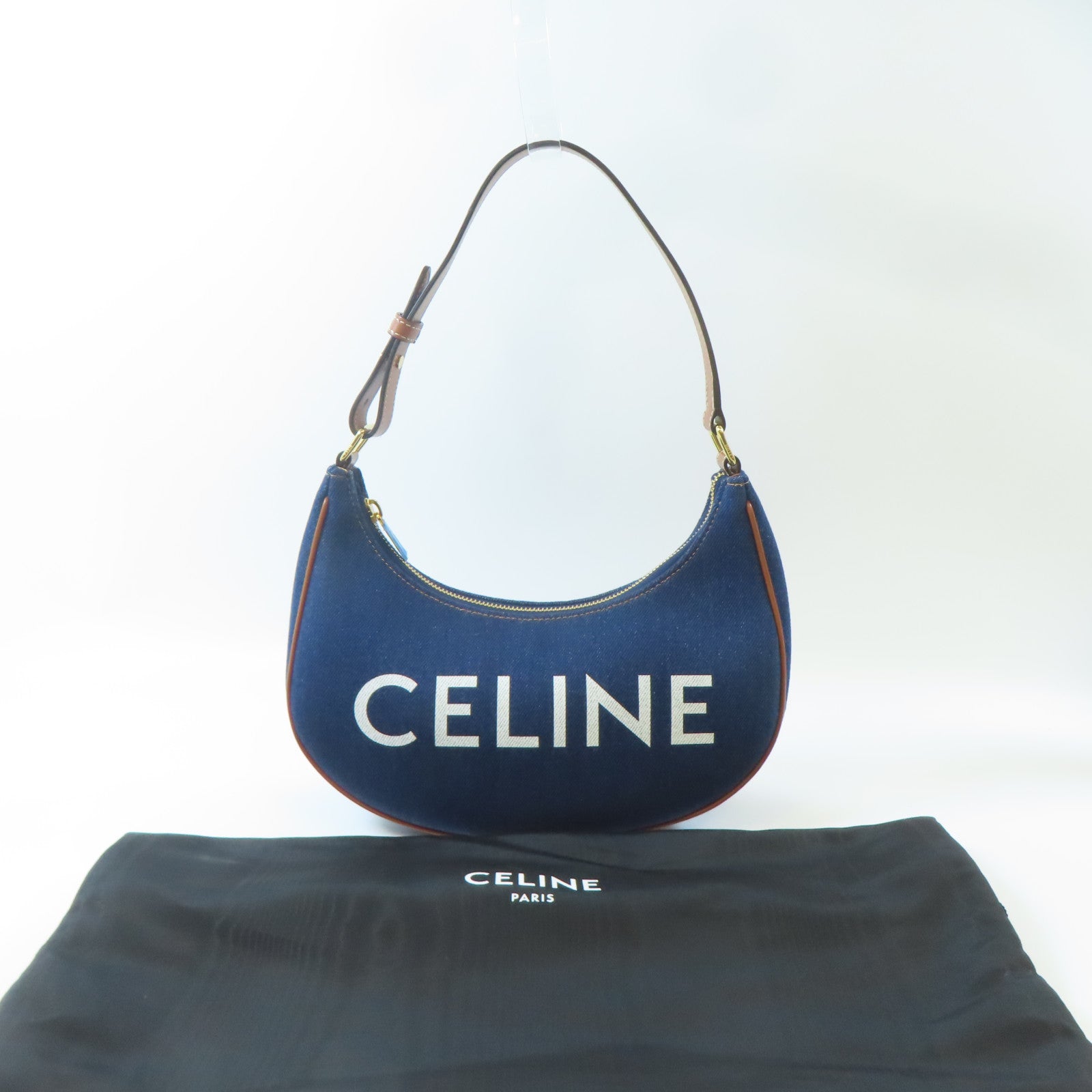 CELINE 牛仔布料/皮革Ava Bag金扣肩背袋藍色/啡色