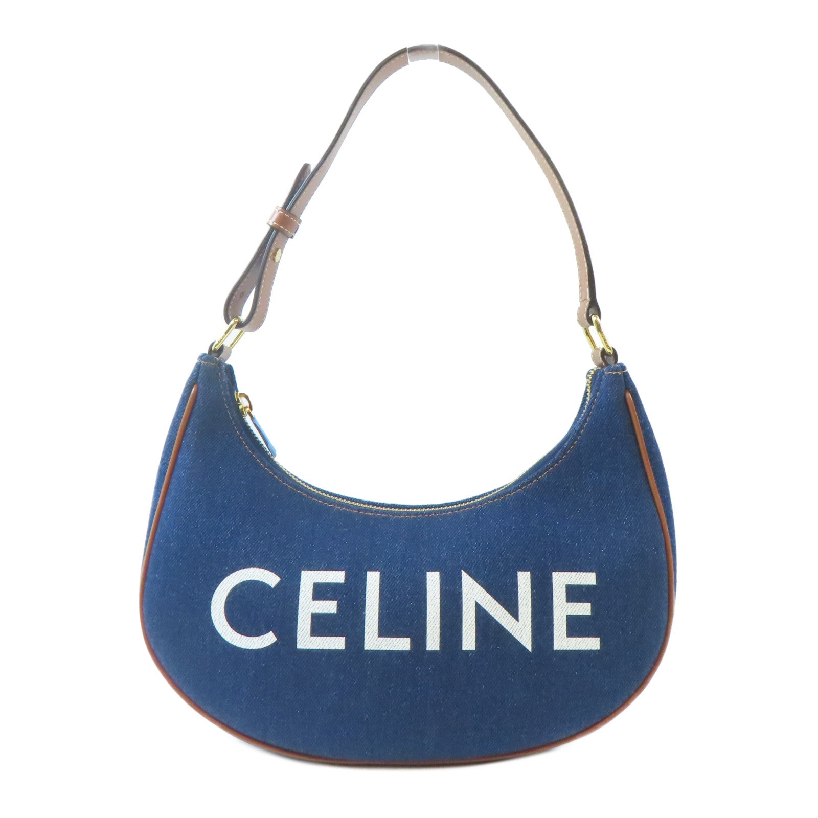CELINE 牛仔布料/皮革Ava Bag金扣肩背袋藍色/啡色