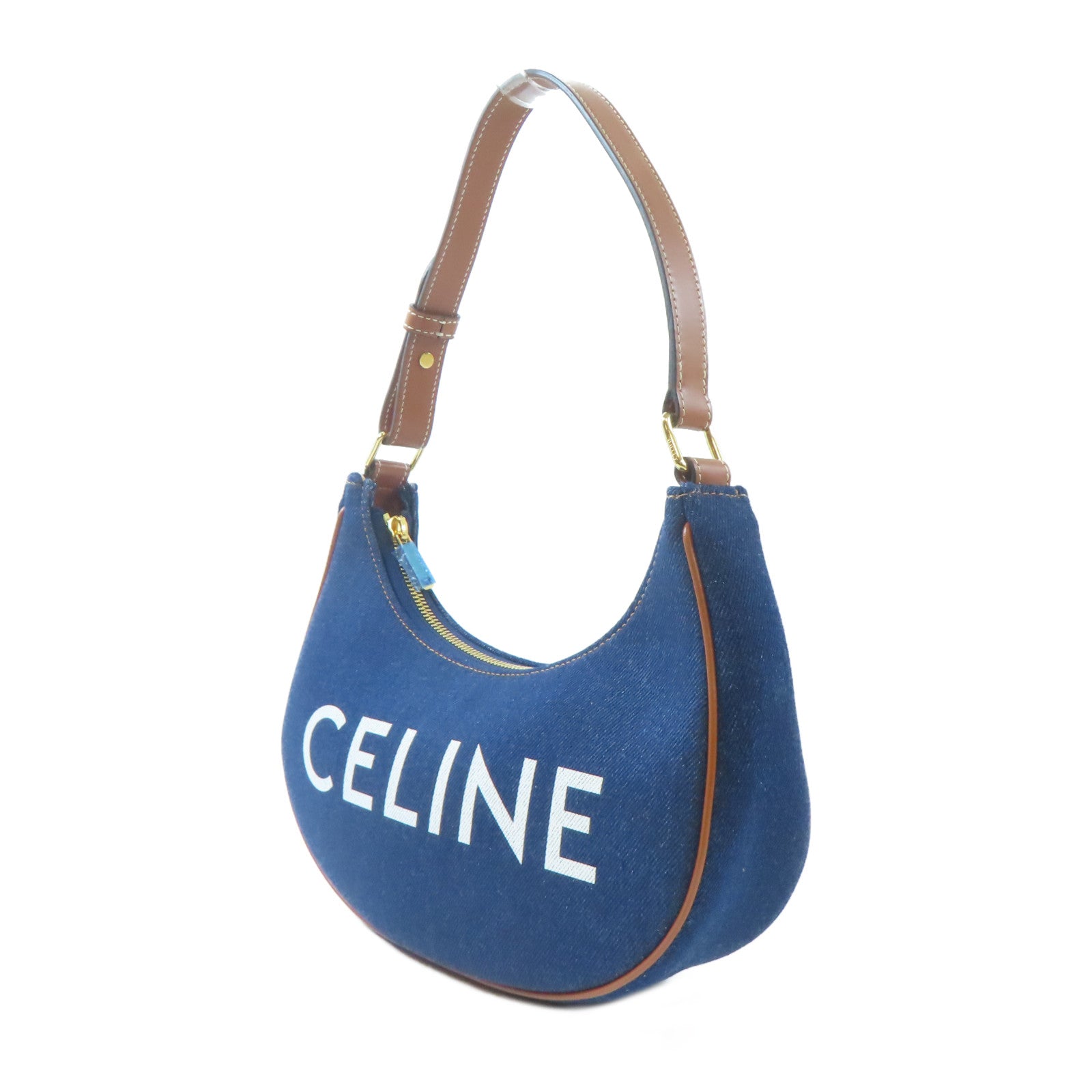 CELINE 牛仔布料/皮革Ava Bag金扣肩背袋藍色/啡色