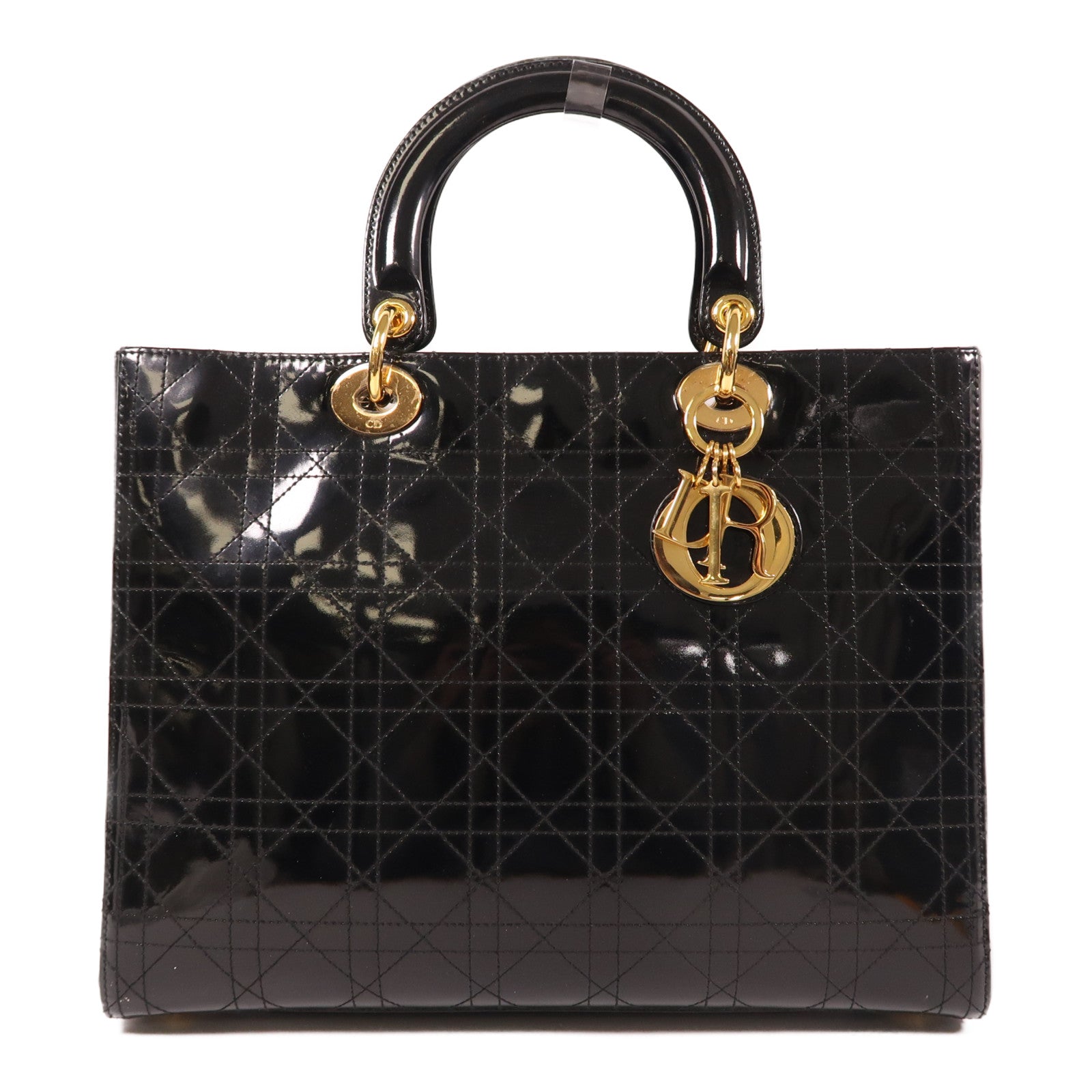 Dior Pantent皮革Lady Dior金扣手挽袋黑色