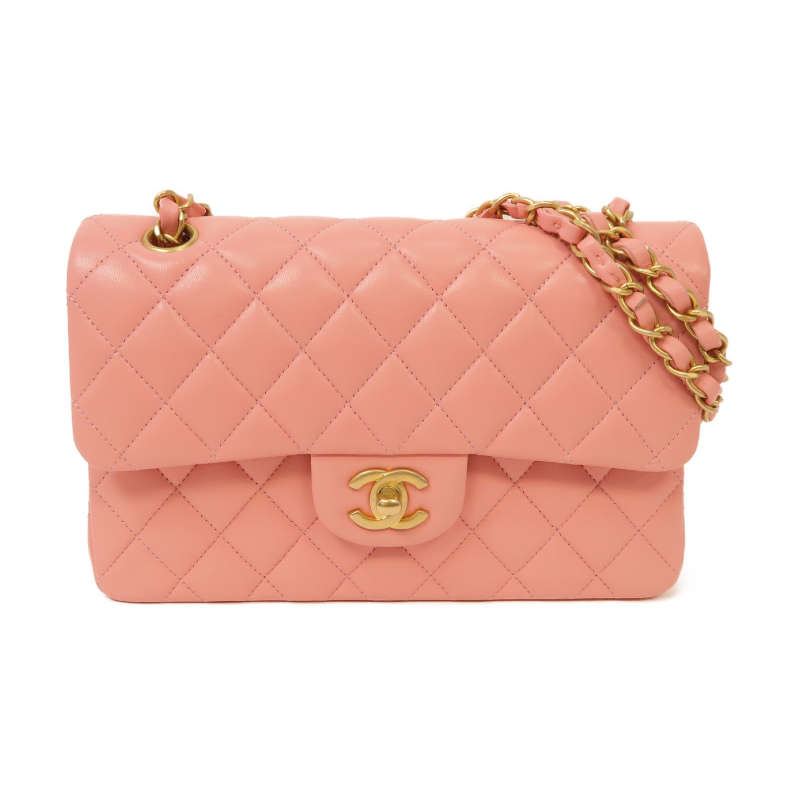 CHANEL 【激減優惠】菱格羊皮皮革Classic金扣鏈帶肩背袋粉紅色