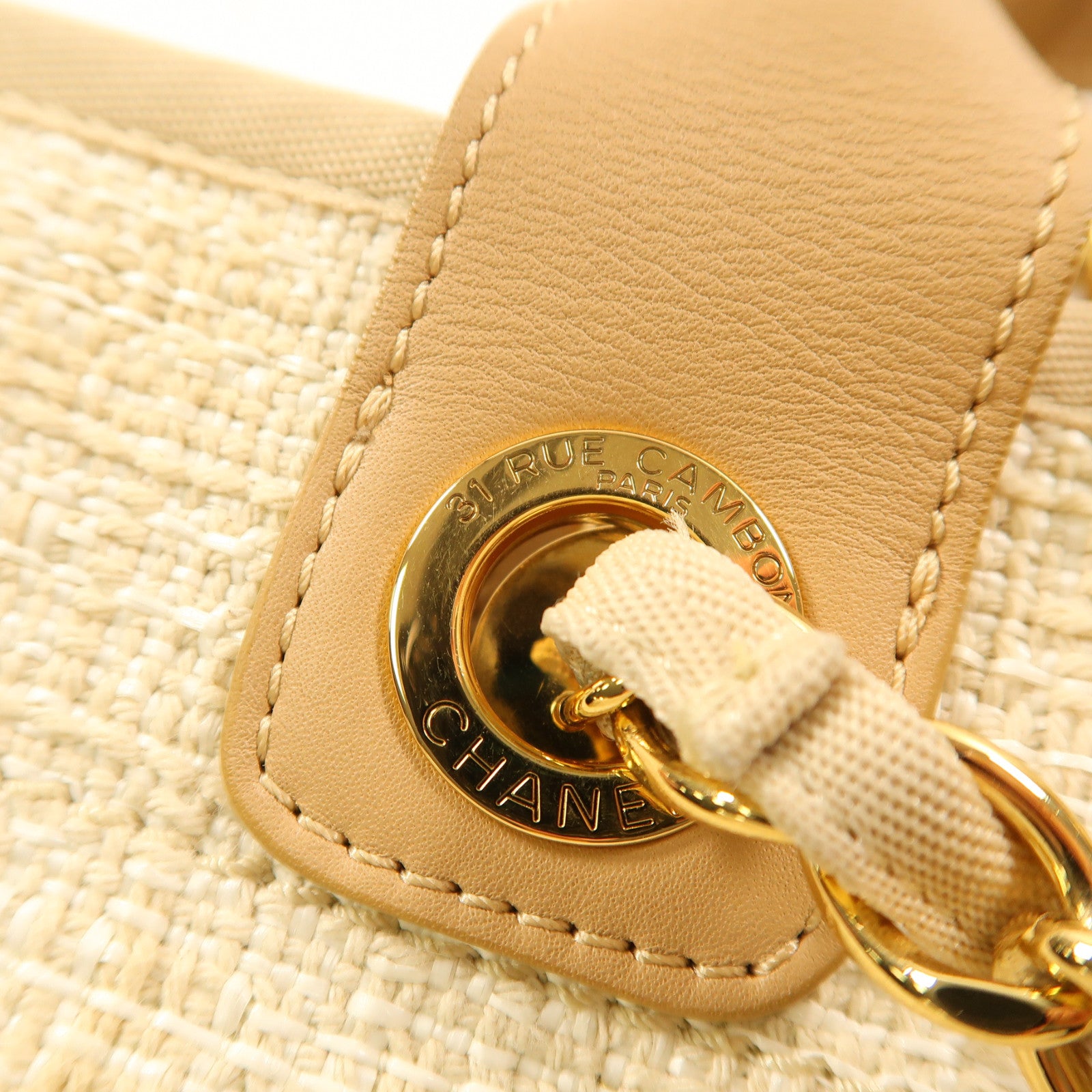 CHANEL 帆布Deauville Tote金扣手挽肩背兩用袋米色