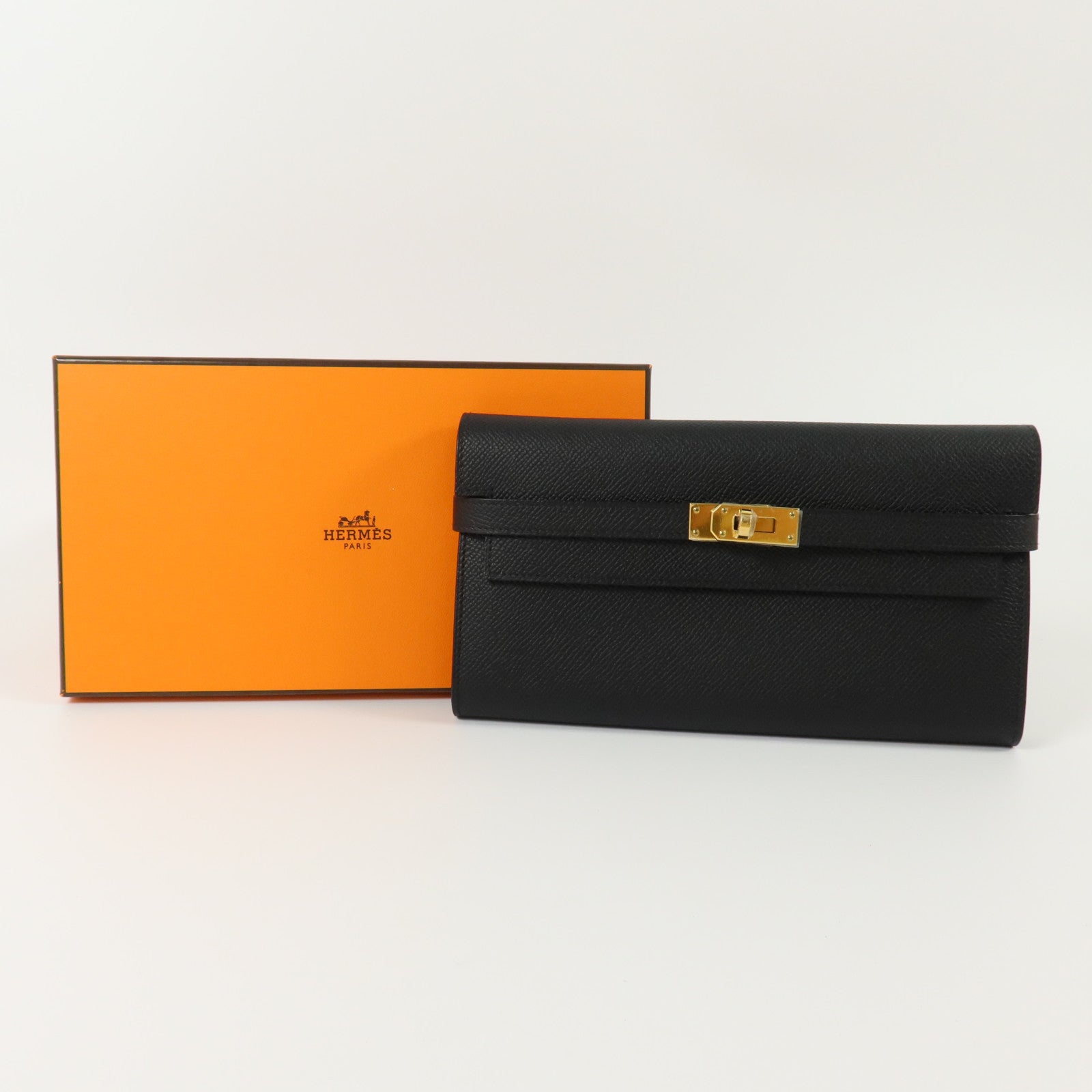 HERMES Epsom皮革Kelly Wallet金扣長錢包Noir