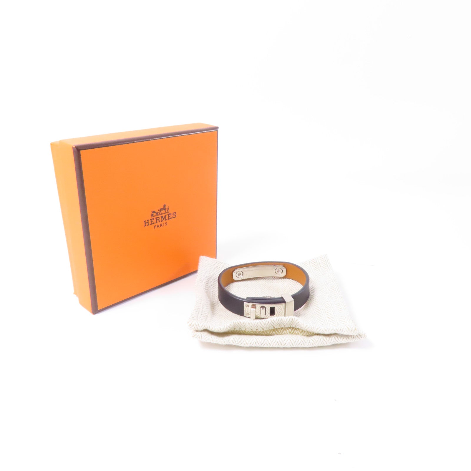 HERMES 皮革Mini Dog Double Tour Bracelet手鏈Noir/黑色/銀色