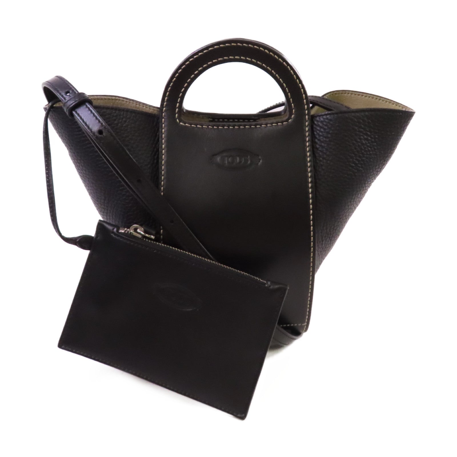 TOD'S 【激減優惠】牛皮皮革2Way Shoulder Bag銀扣手挽肩背兩用袋黑色