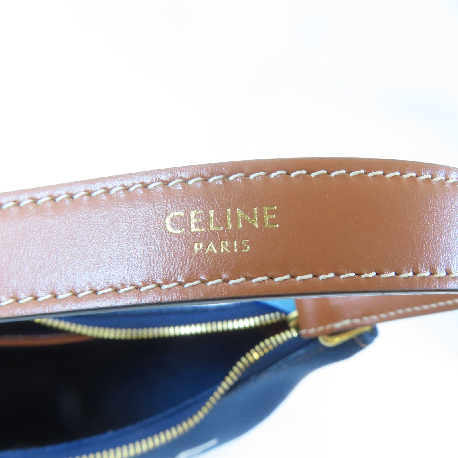 CELINE 牛仔布料/皮革Ava Bag金扣肩背袋藍色/啡色