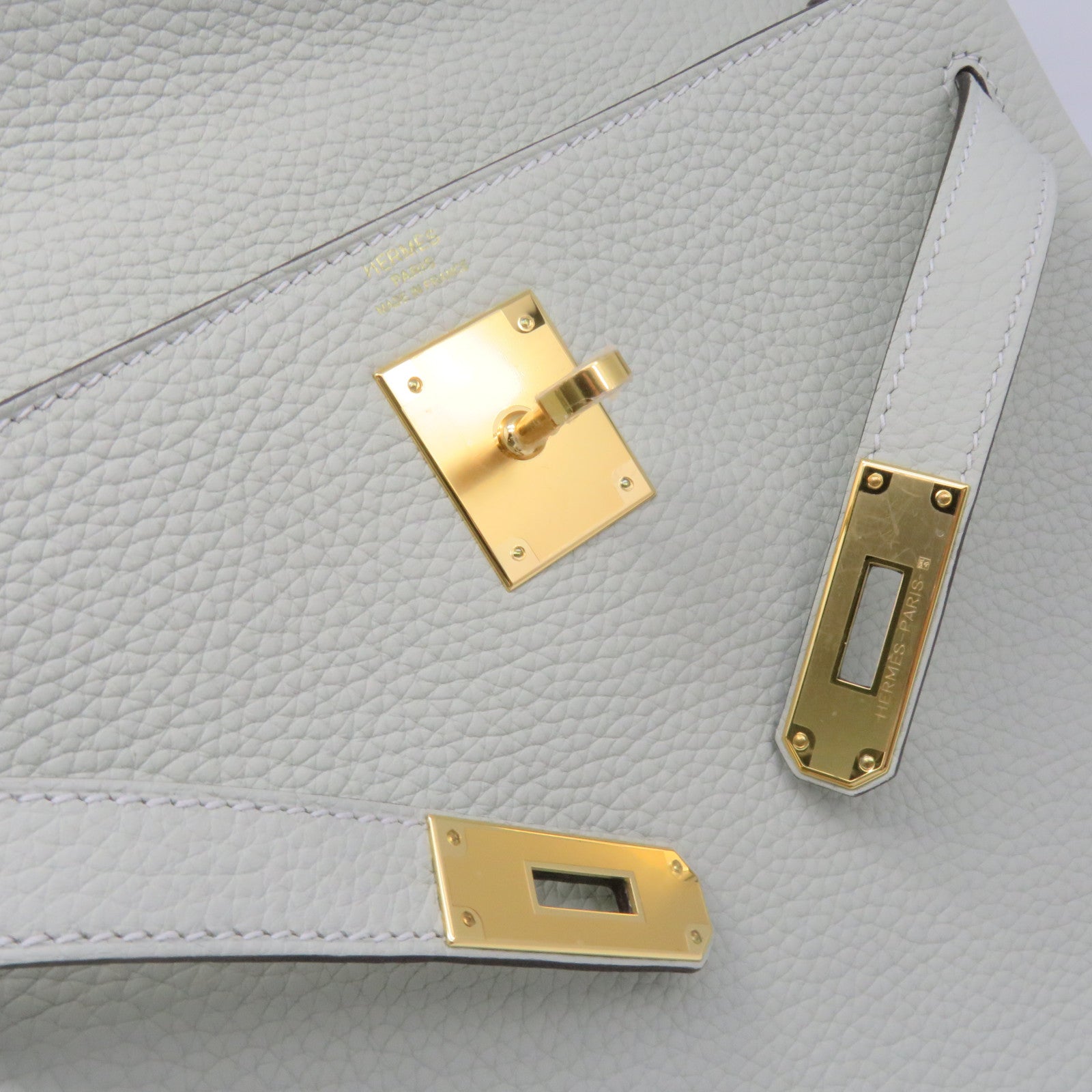 HERMES Clemence皮革Kelly 28金扣手挽袋肩背两用袋水晶灰色