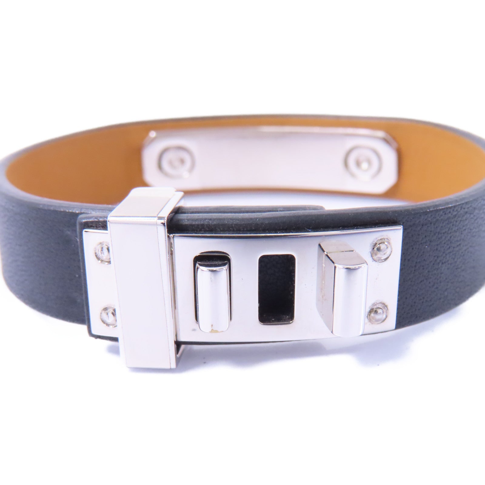 HERMES 皮革Mini Dog Double Tour Bracelet手鏈Noir/黑色/銀色