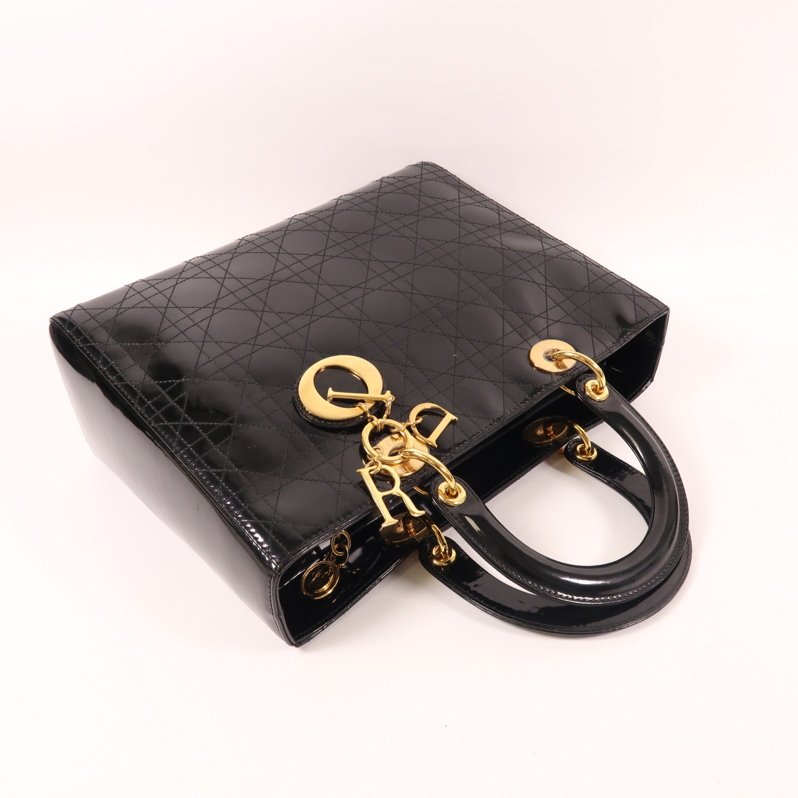 Dior Pantent皮革Lady Dior金扣手挽袋黑色