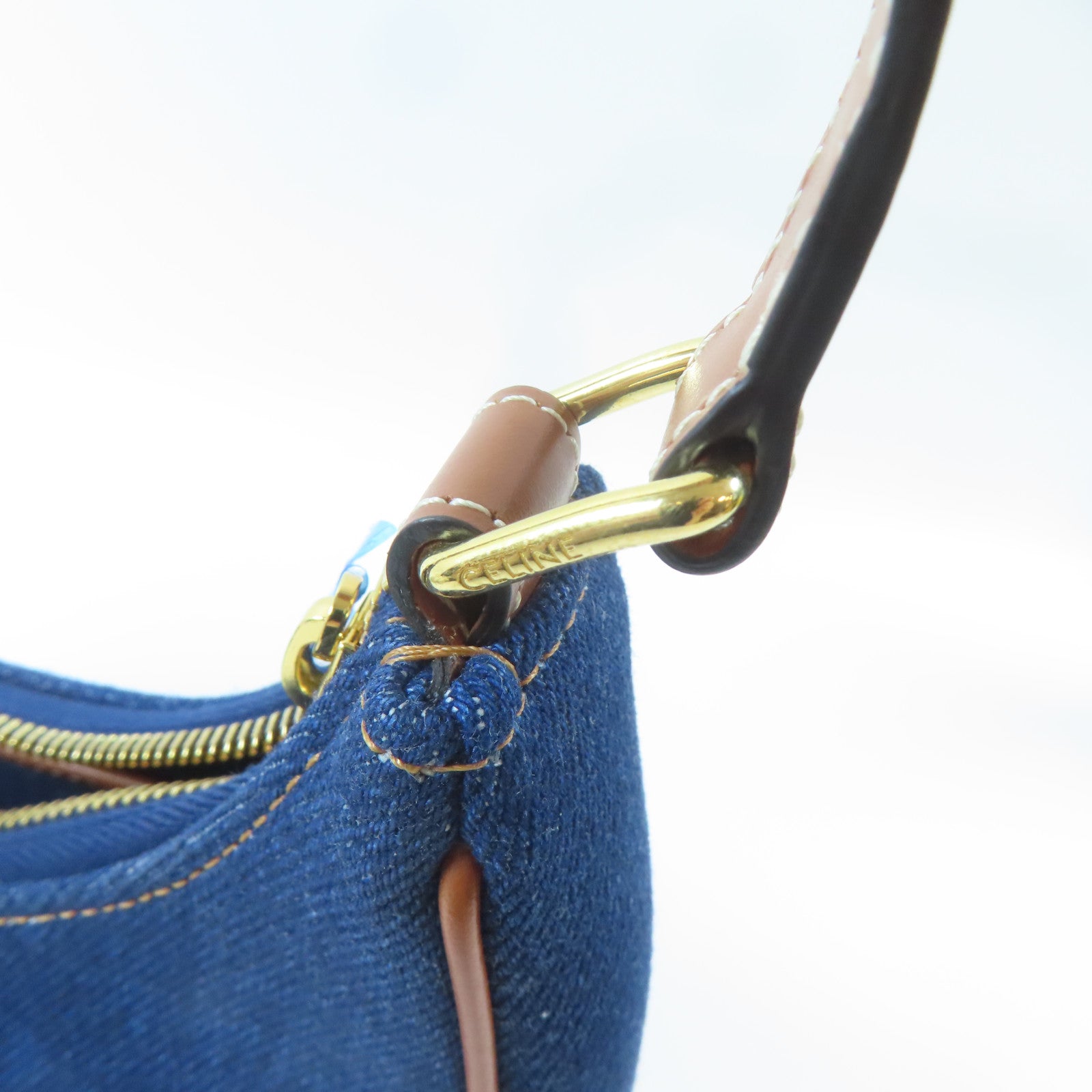 CELINE 牛仔布料/皮革Ava Bag金扣肩背袋藍色/啡色