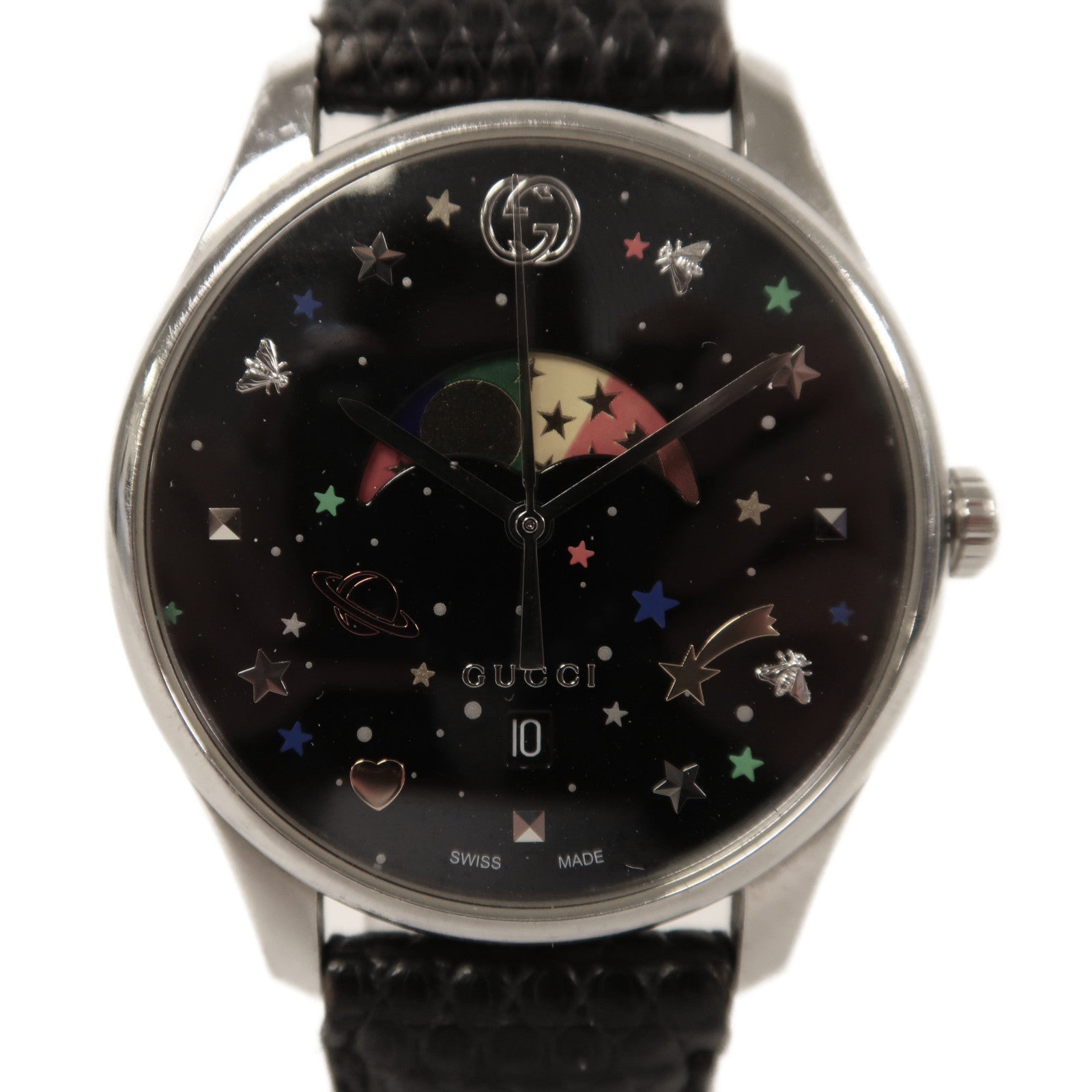 GUCCI Stars And Planet Moonphase不鏽鋼/皮革手錶自動機芯黑色
